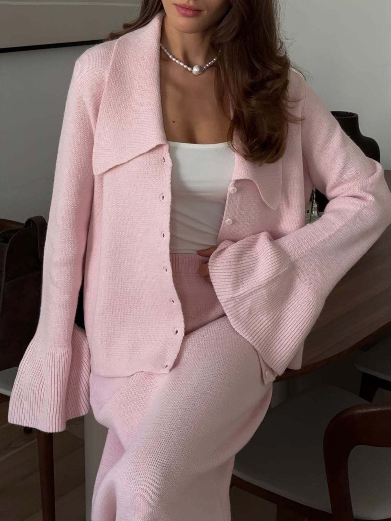 Button Down Long Sleeve Cardigan and Skirt Knit Set