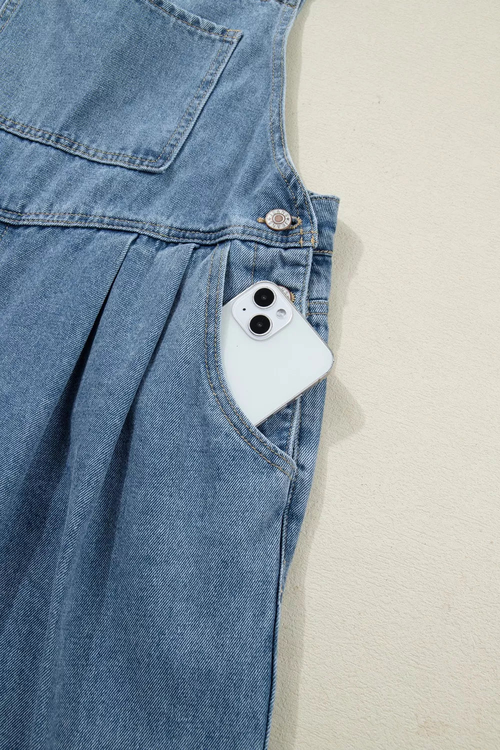 Pleated Wide Leg Retro Pocketed Denim Jumpsuit