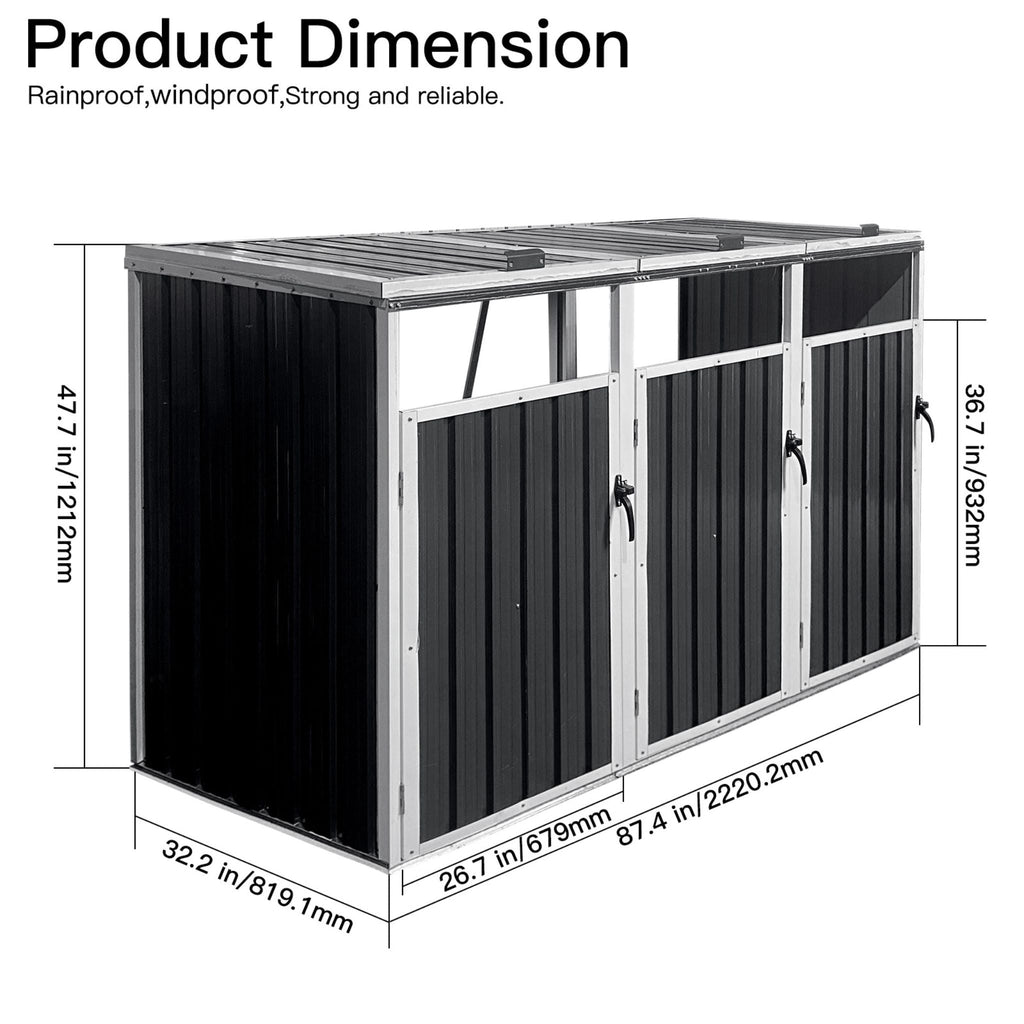 87-Inch Extra Large Heavy-Duty Outdoor Metal Garbage Bin Shed For 3 Trash Cans (SAK34981) – SAKSBY WHOLESALE, view 3