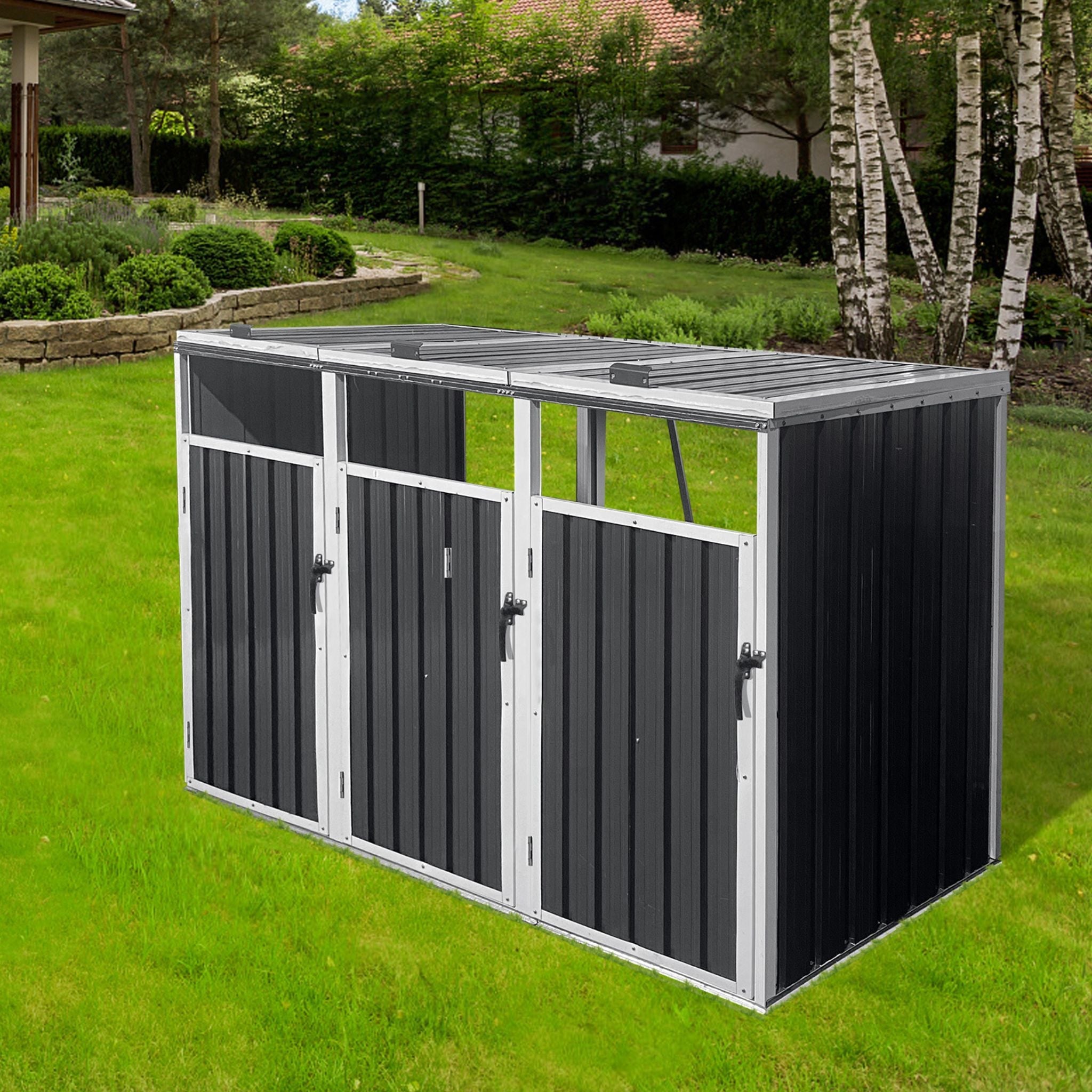 87-Inch Extra Large Heavy-Duty Outdoor Metal Garbage Bin Shed For 3 Trash Cans (SAK34981) – SAKSBY WHOLESALE, view 5