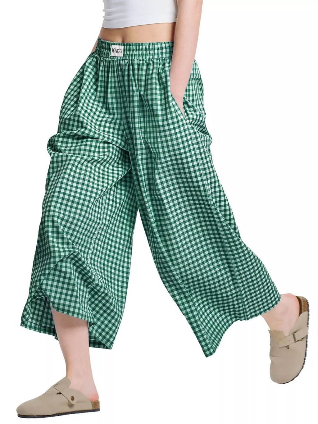 Gingham Wide-Leg Cropped Pants