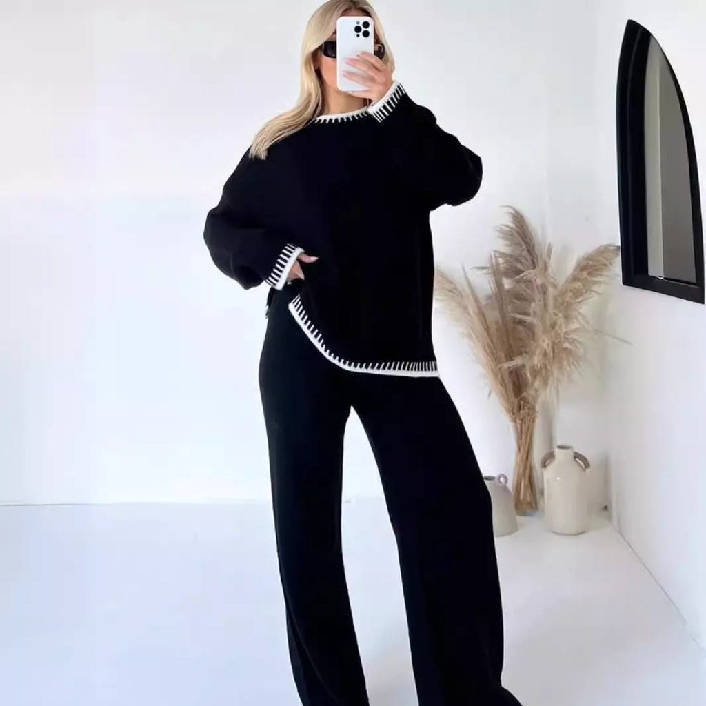 Contrast Trim Round Neck Top and Pants Sweater Set