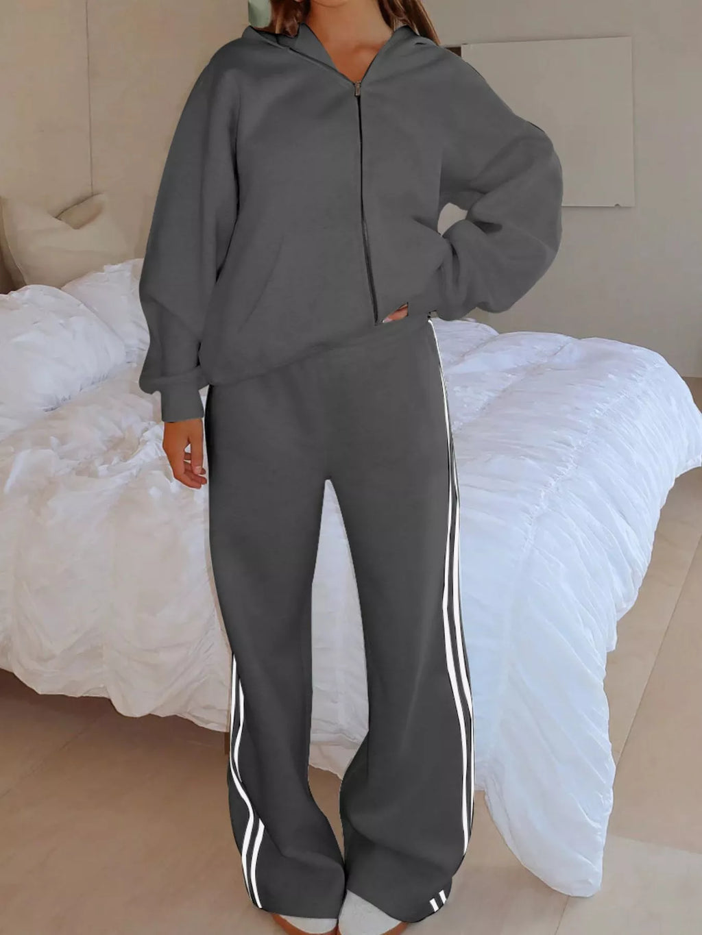 Zip Up Hoodie and Striped Pants Set