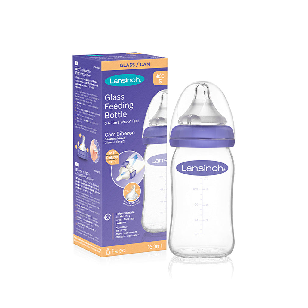 Lansinoh Glass Feeding Bottle 160ml + NaturalWave Bottle Teat Slow Flow