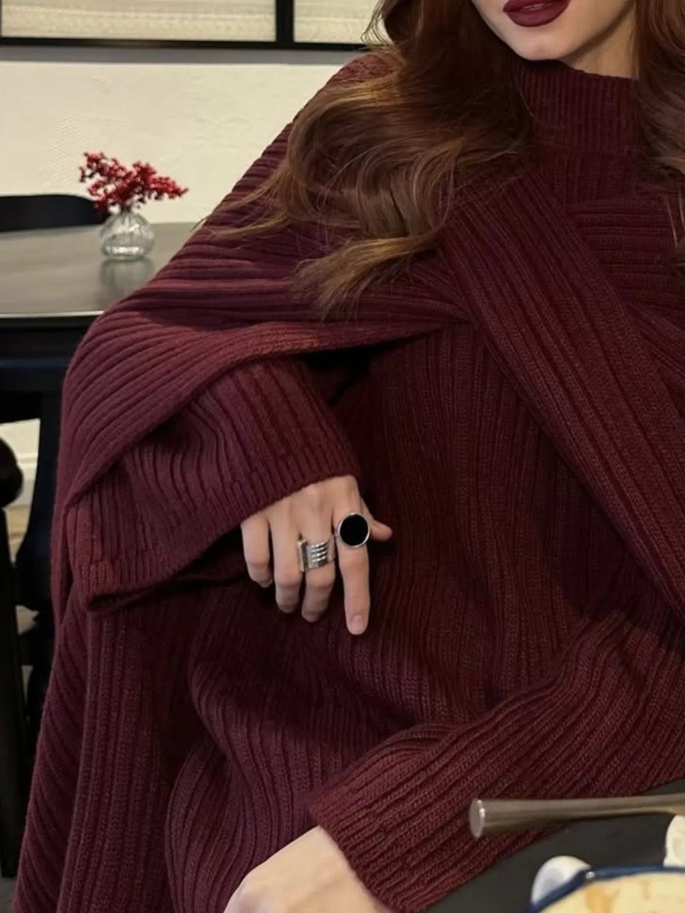 3-Piece Crew Neck Ribbed Sweater and Wide-Leg Pants Set with Scarf