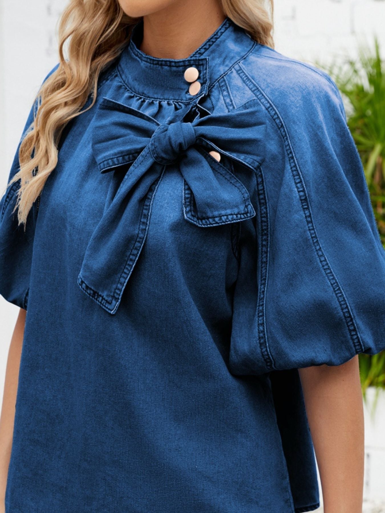 Bow Accent Puff Sleeve Denim Top