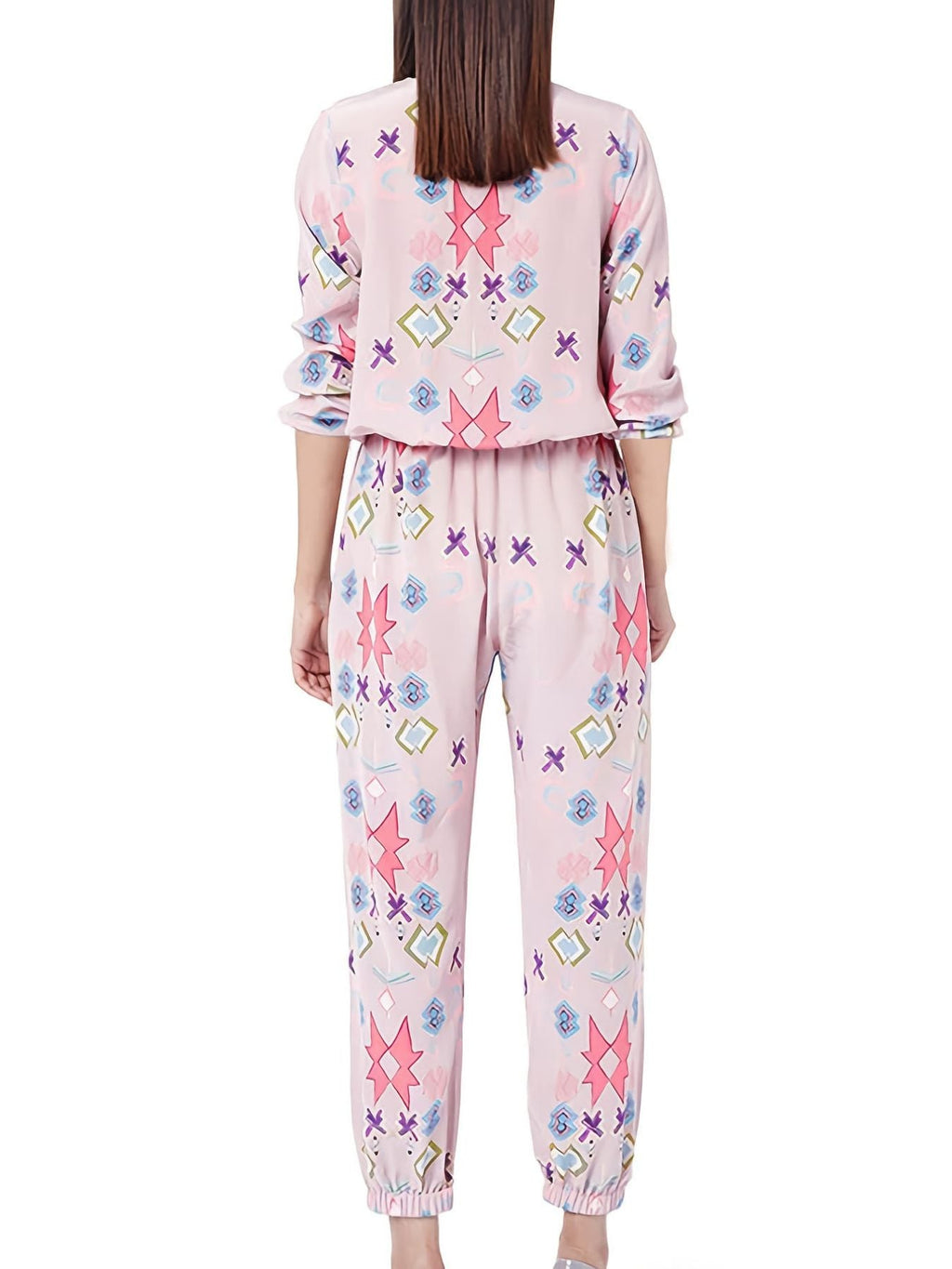 Printed Round Neck Long Sleeve Top and Pants Lounge Set
