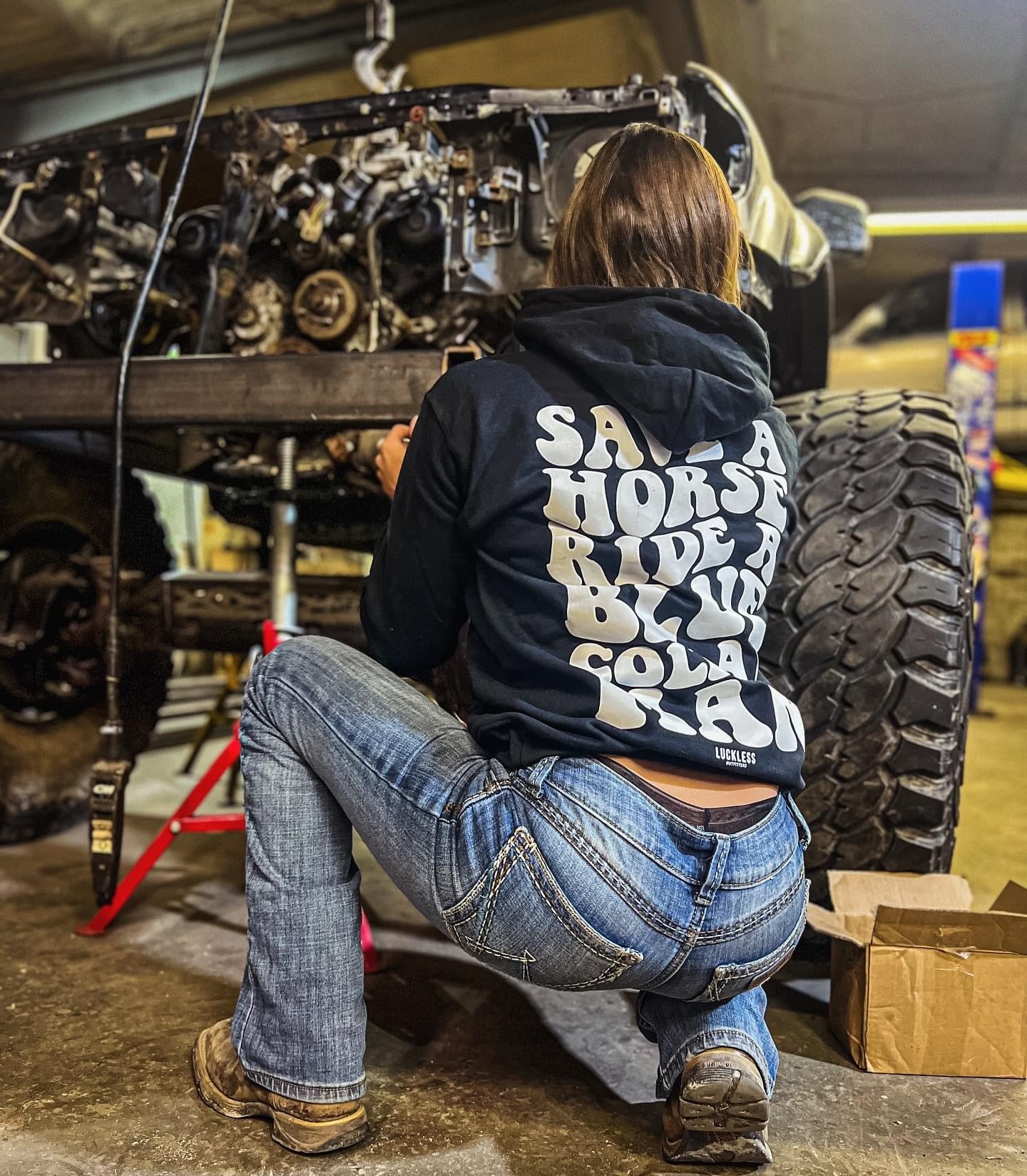 Luckless Outfitters Save a Horse Ride A Blue Collar Man Hoodie — side view