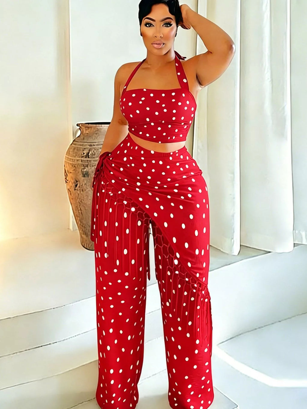 Polka Dot Halter Neck Cami and Fringe Trim Pants Set