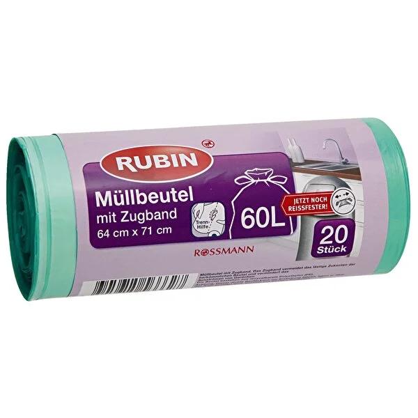 Rubin 60 Liter Trash Bags with Drawstring - 20 Count, 64x71 cm - Eco-Friendly Polyethylene