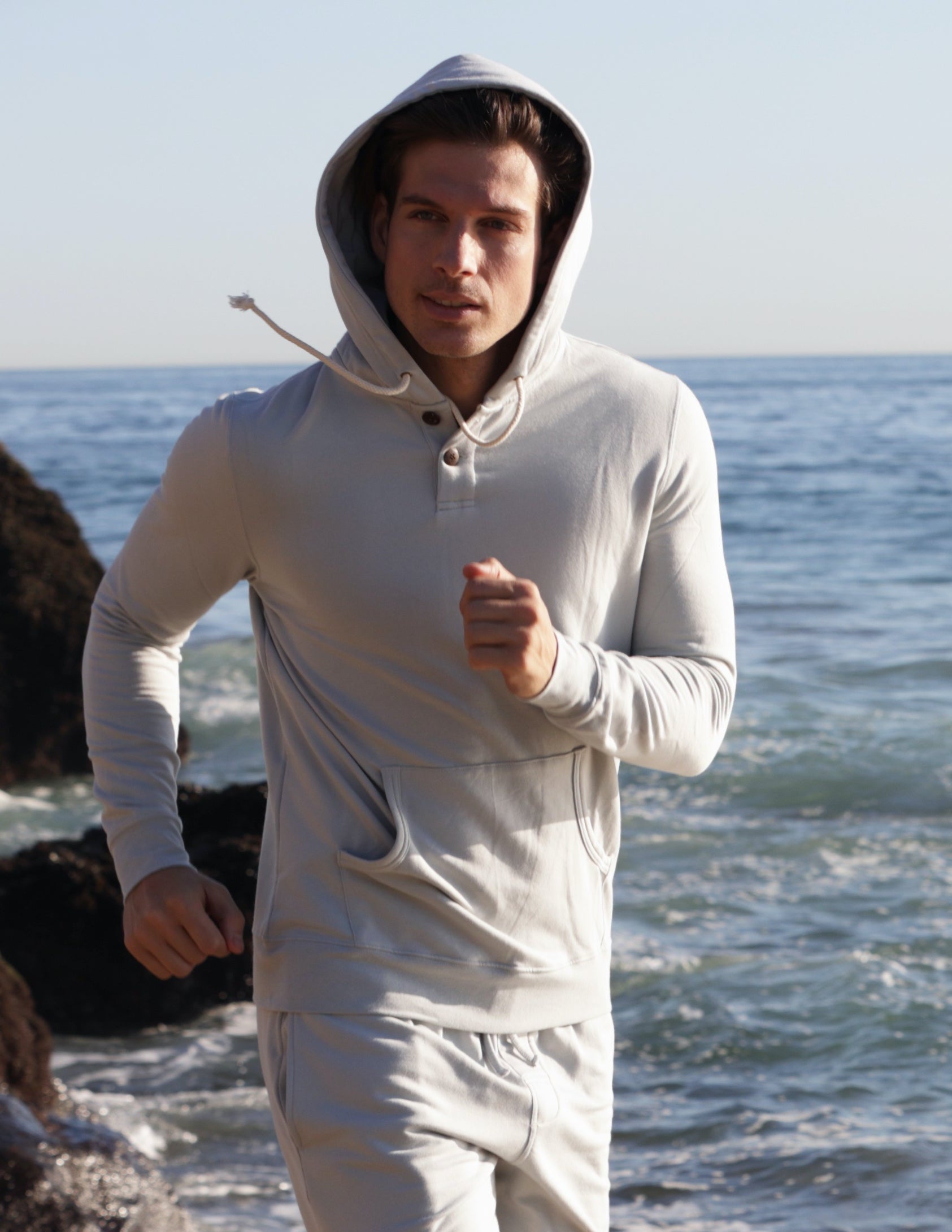Spun Bamboo Men's Henley Style Bamboo Viscose Fleece Hoodie — detail close-up