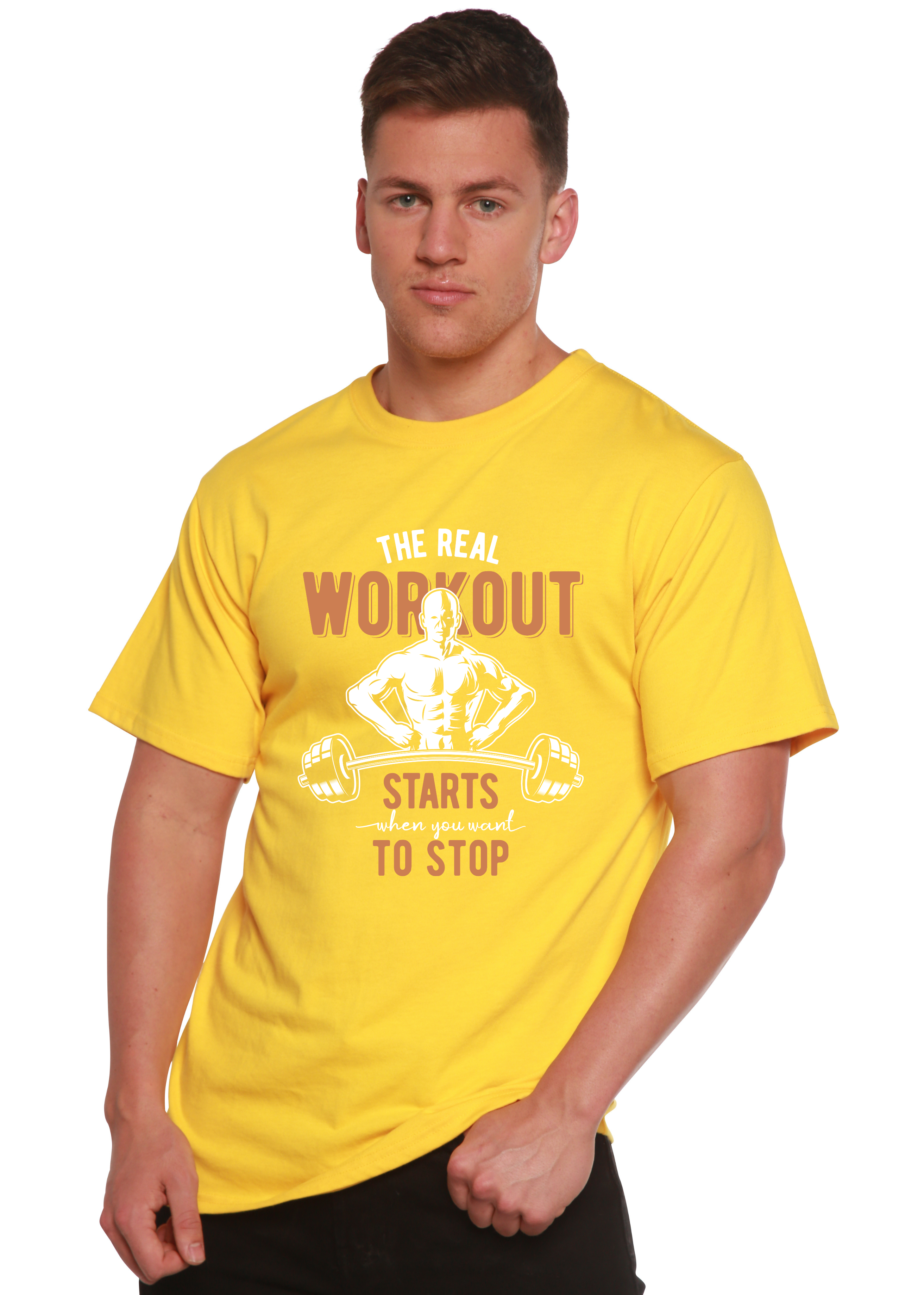 Spun Bamboo The Real Workout Men's Bamboo Viscose/Organic Cotton Short Sleeve Graphic T-Shirt — size reference