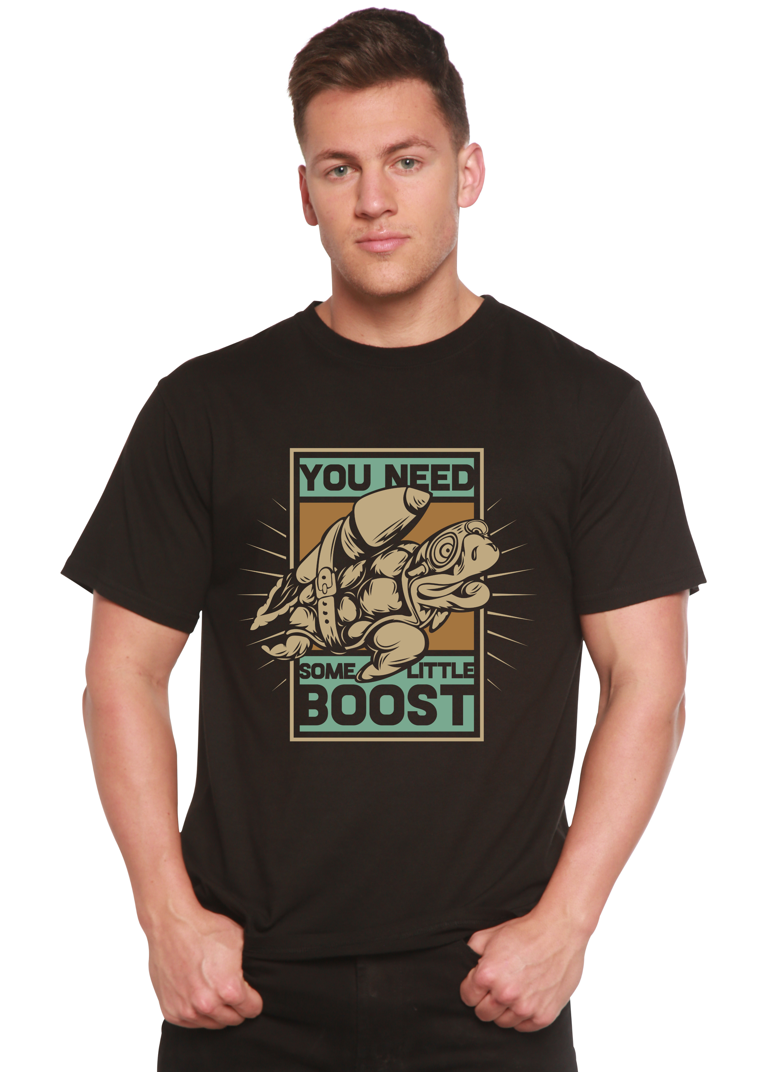 Spun Bamboo You Need Boost Men's Bamboo Viscose/Organic Cotton Short Sleeve Graphic T-Shirt — detail close-up