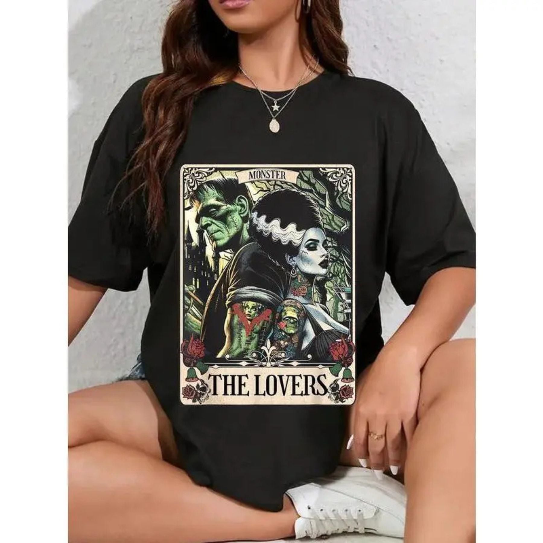 Pasimax Frankenstein & Bride The Lovers Tarot T-Shirt — size reference