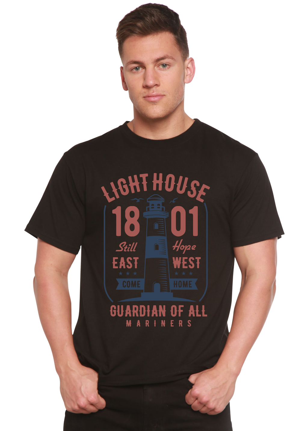 Spun Bamboo Light House Men's Bamboo Viscose/Organic Cotton Short Sleeve Graphic T-Shirt — in-use photo