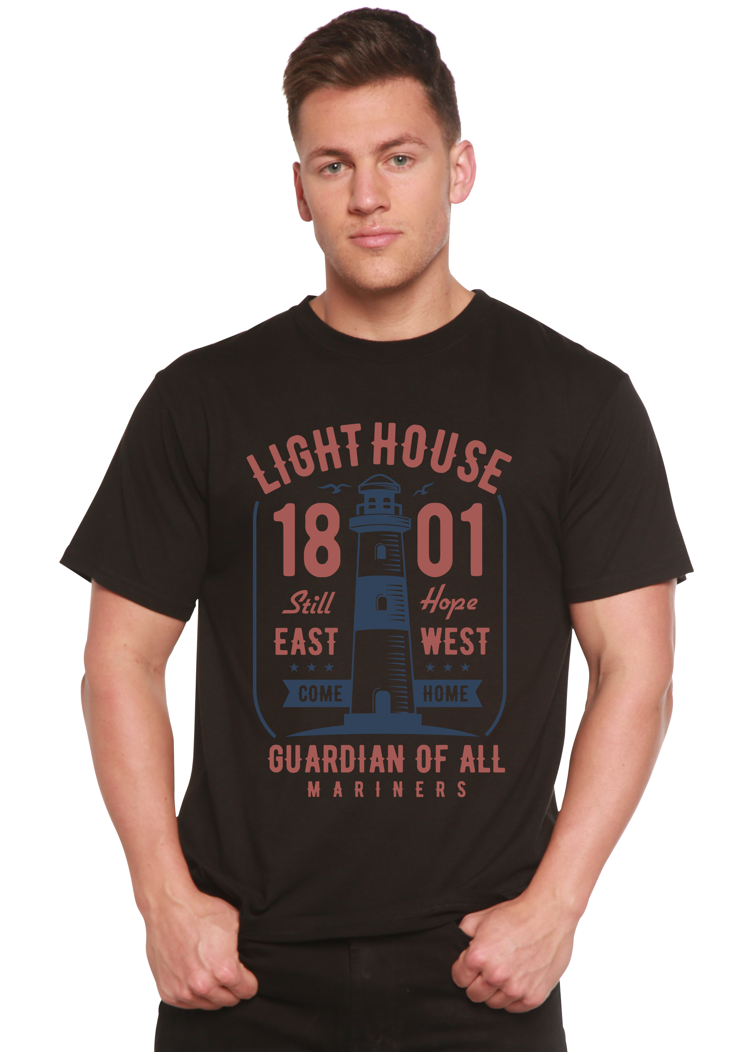 Spun Bamboo Light House Men's Bamboo Viscose/Organic Cotton Short Sleeve Graphic T-Shirt — in-use photo