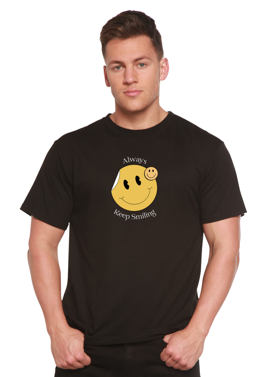 Spun Bamboo Always Keep Smiling Men's Bamboo Viscose/Organic Cotton Short Sleeve Graphic T-Shirt — detail close-up