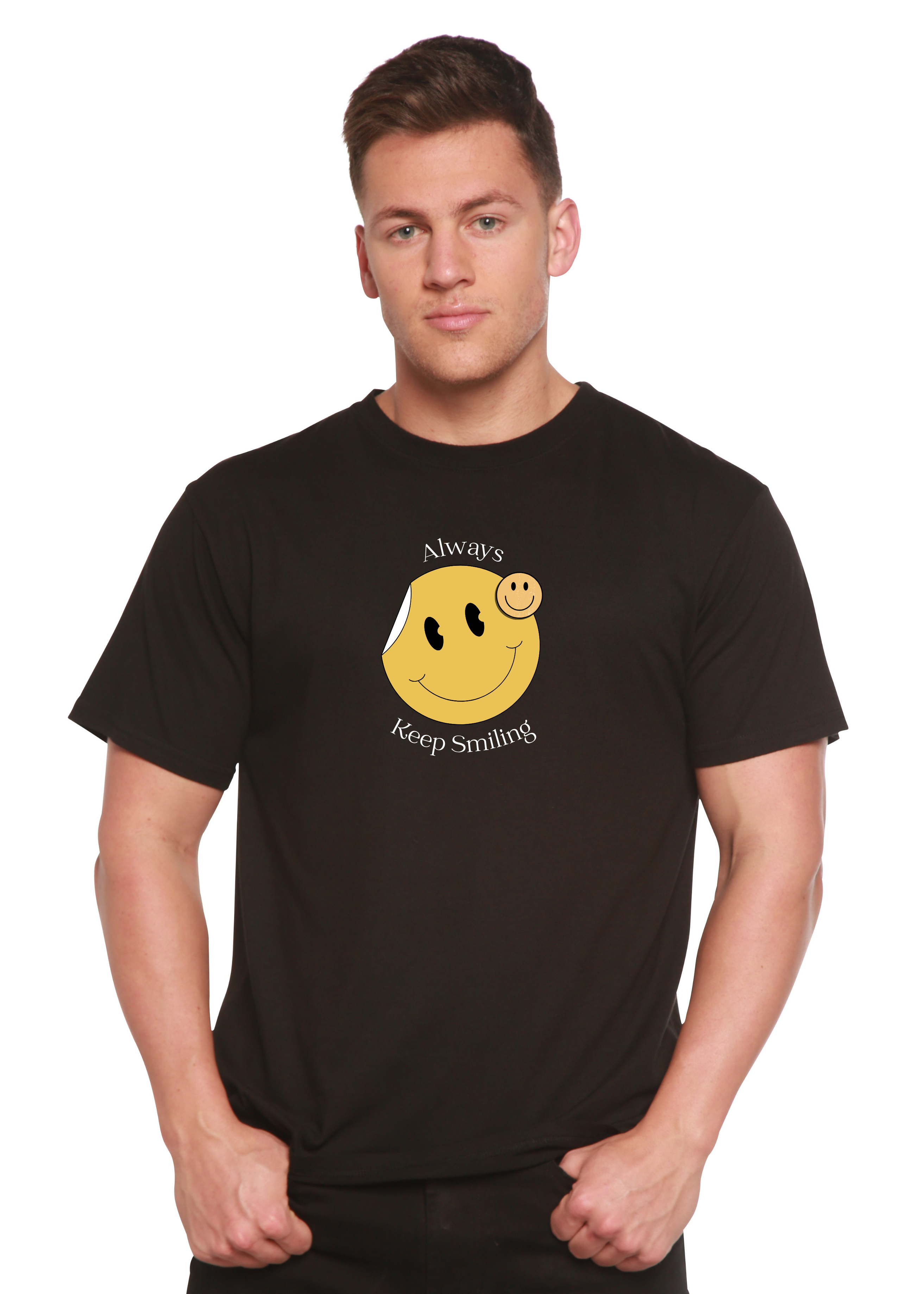 Spun Bamboo Always Keep Smiling Men's Bamboo Viscose/Organic Cotton Short Sleeve Graphic T-Shirt — detail close-up