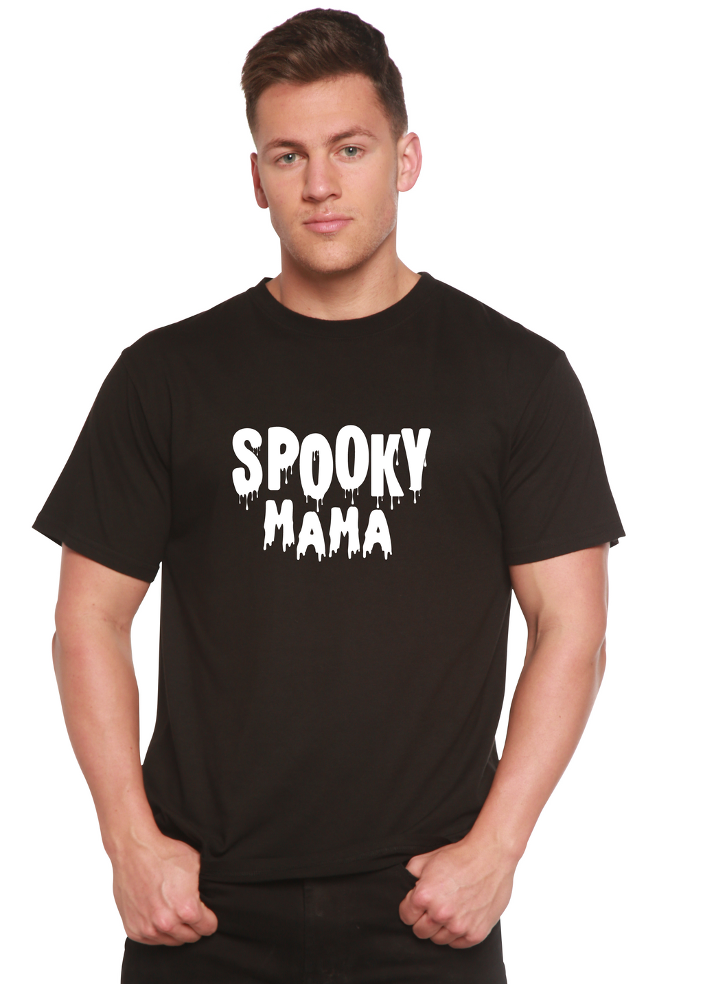 Spun Bamboo Spooky Mama Halloween Men's Bamboo Viscose/Organic Cotton Short Sleeve Graphic T-Shirt — size reference