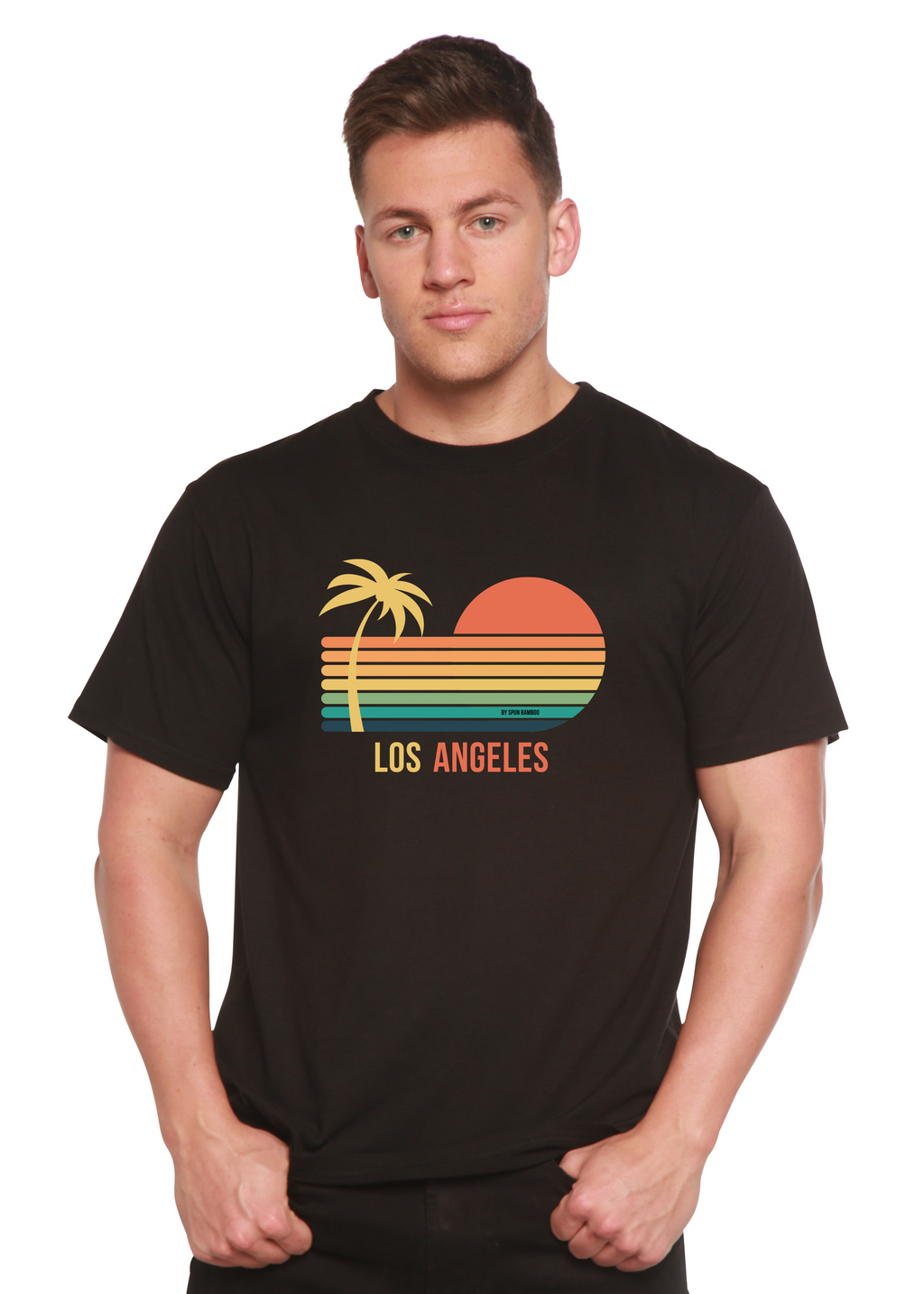 Spun Bamboo Los Angeles Unisex Bamboo Viscose/Organic Cotton Short Sleeve Graphic T-Shirt — detail close-up