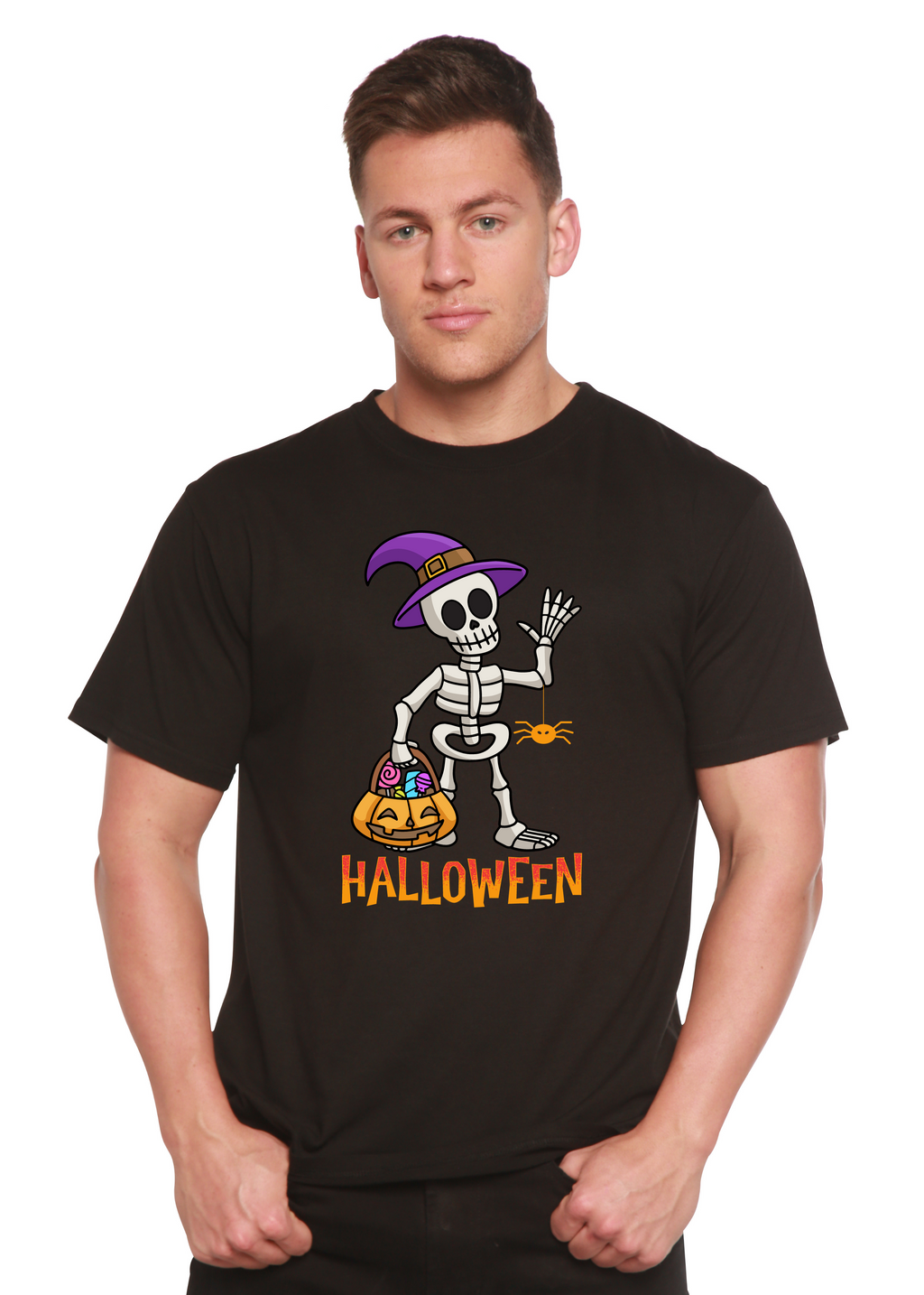 Spun Bamboo Happy Halloween Unisex Bamboo Viscose/Organic Cotton Short Sleeve Graphic T-Shirt — product on model
