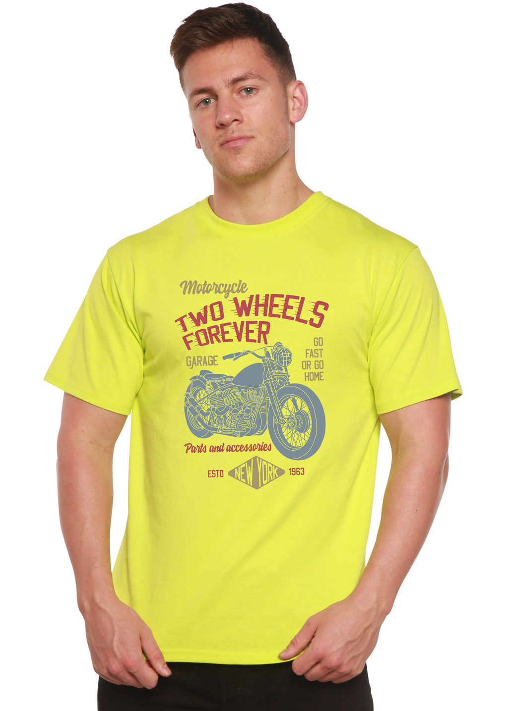 Spun Bamboo Two Wheels Forever Men's Bamboo Viscose/Organic Cotton Short Sleeve Graphic T-Shirt — size reference