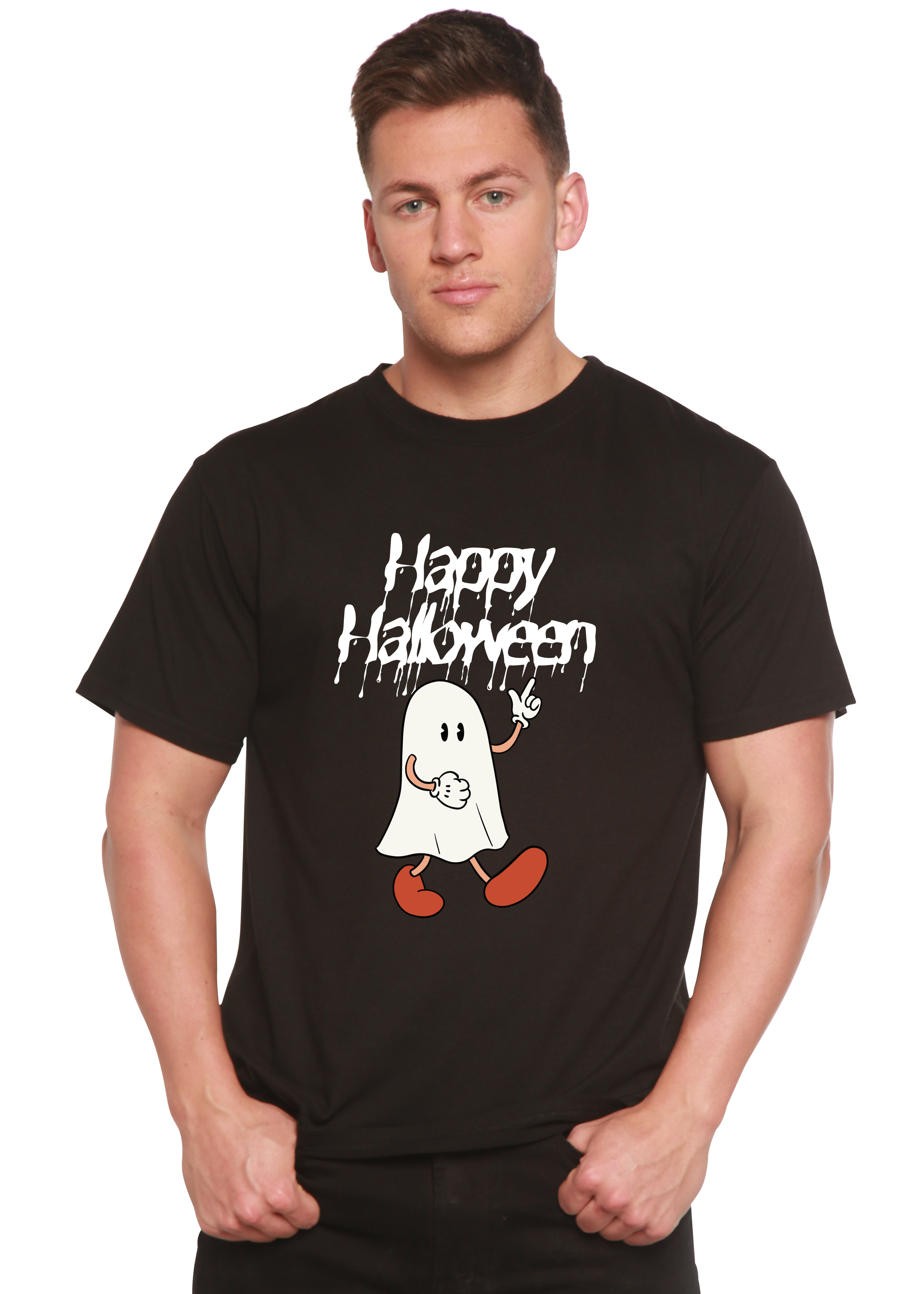 Spun Bamboo Happy Halloween Men's Bamboo Viscose/Organic Cotton Short Sleeve Graphic T-Shirt — lifestyle context