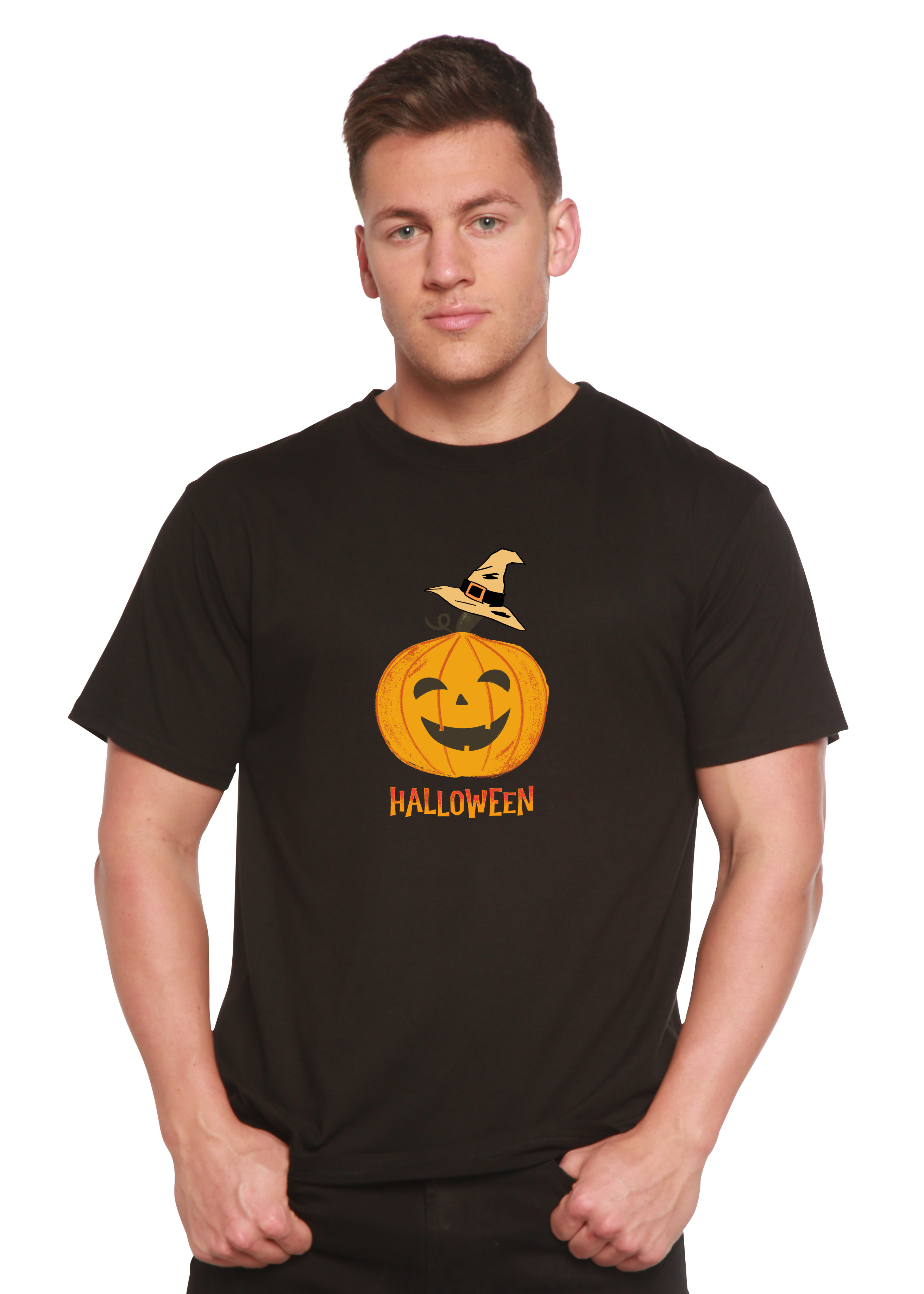 Spun Bamboo Halloween Pumpkin Unisex Bamboo Viscose/Organic Cotton Short Sleeve Graphic T-Shirt — fabric or material detail