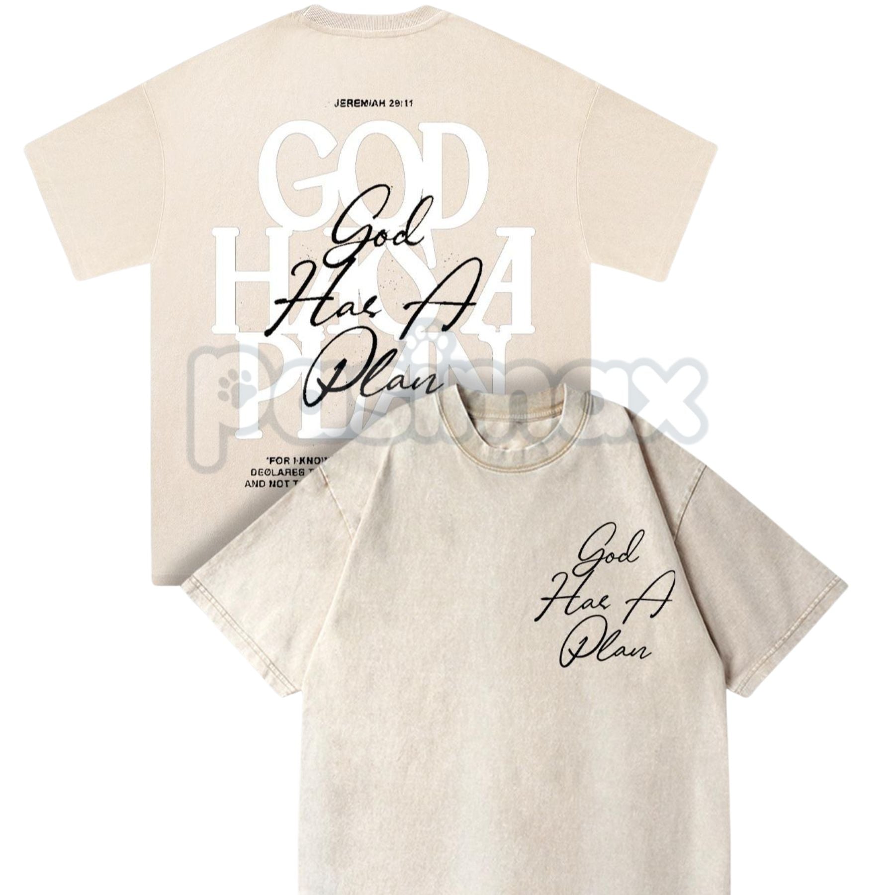 Pasimax "God Has A Plan" Double Sided T-Shirt – Retro Washed Christian Letter Print, 230 GSM Cotton — size reference