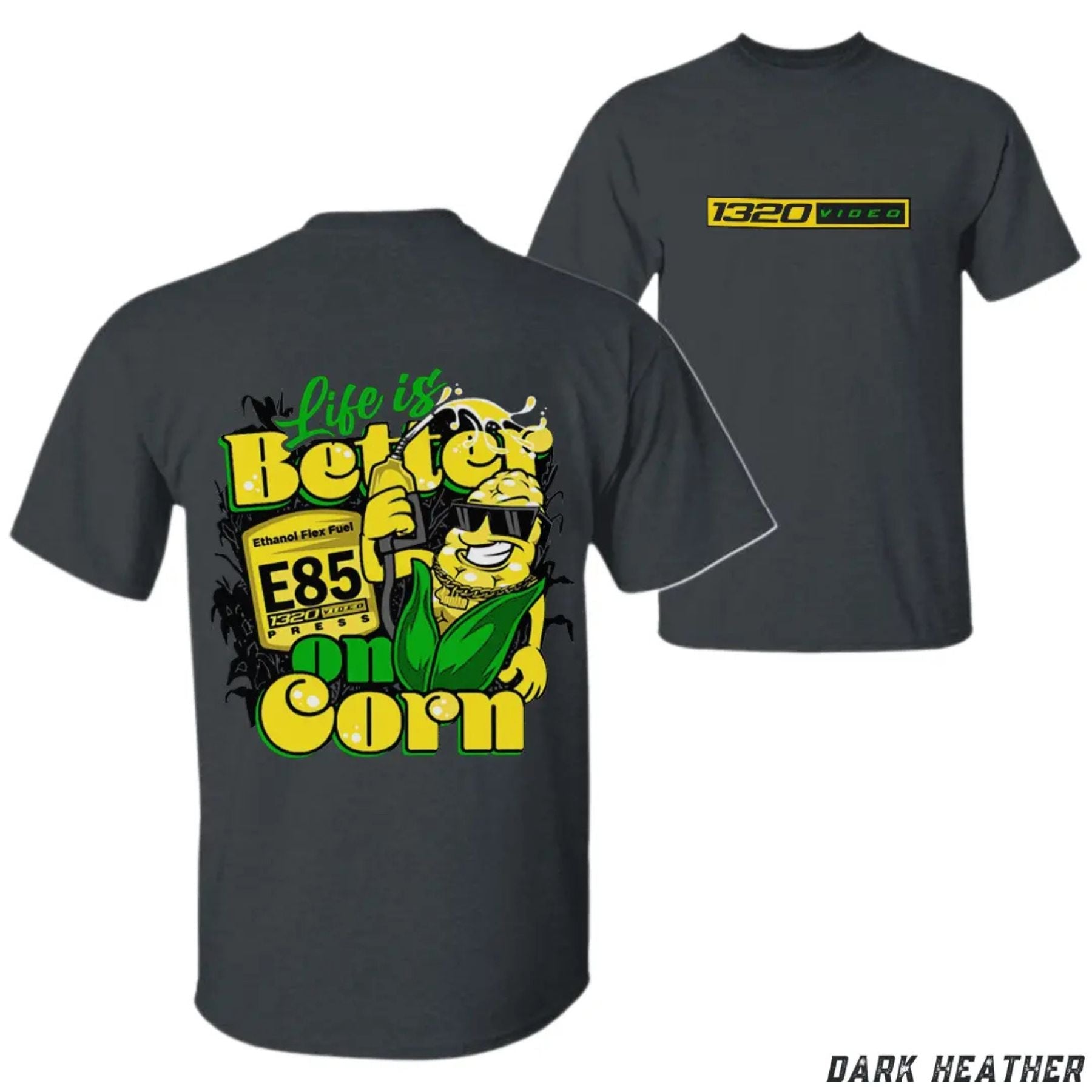 Pasimax 1320 Video "Corn Fuel" T-Shirt - Fun E85 Ethanol Graphic Tee, Street Racing Apparel — size reference