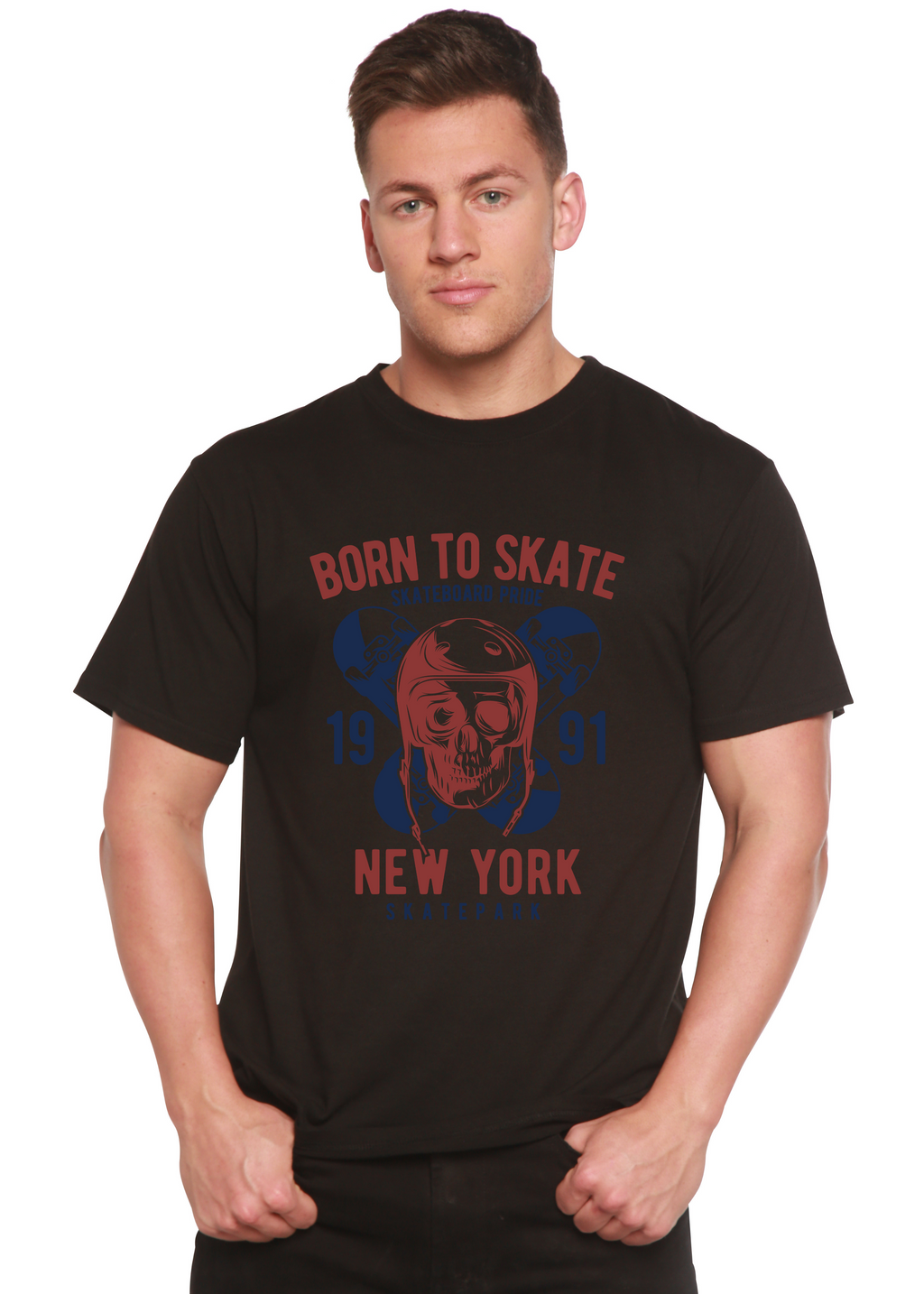 Spun Bamboo Born To Skate 1991 New York Men's Bamboo Viscose/Organic Cotton Short Sleeve Graphic T-Shirt — size reference