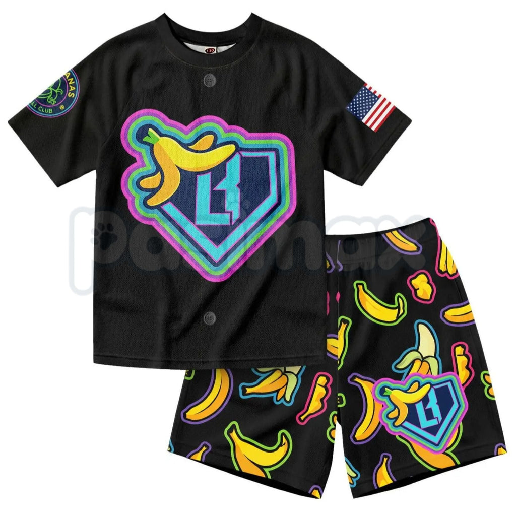 Dabbing Banana Retro American Flag Baseball Jersey Set – Toddler Athletic Mesh Outfit