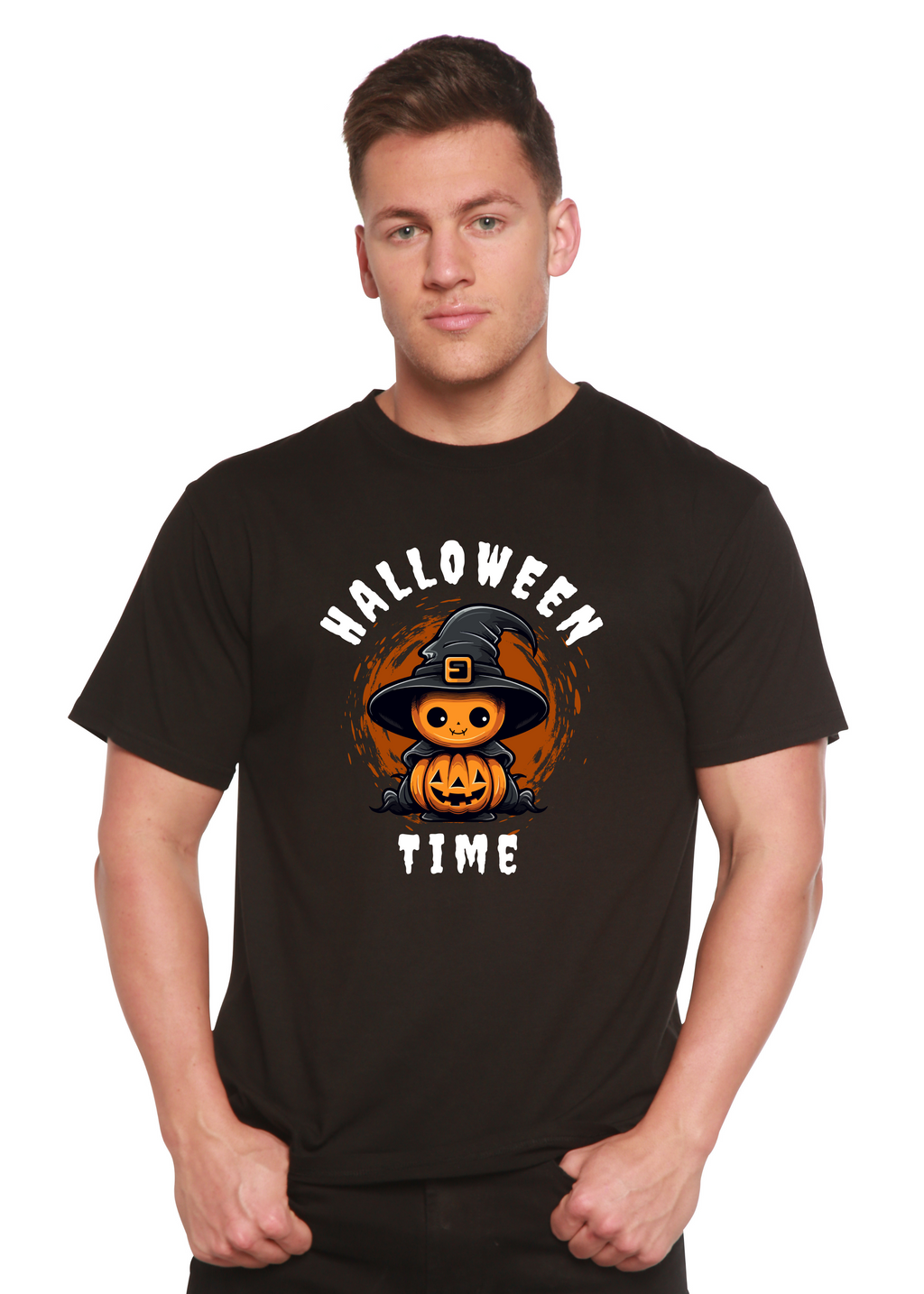 Spun Bamboo Halloween Time Unisex Bamboo Viscose/Organic Cotton Short Sleeve Graphic T-Shirt — product on model
