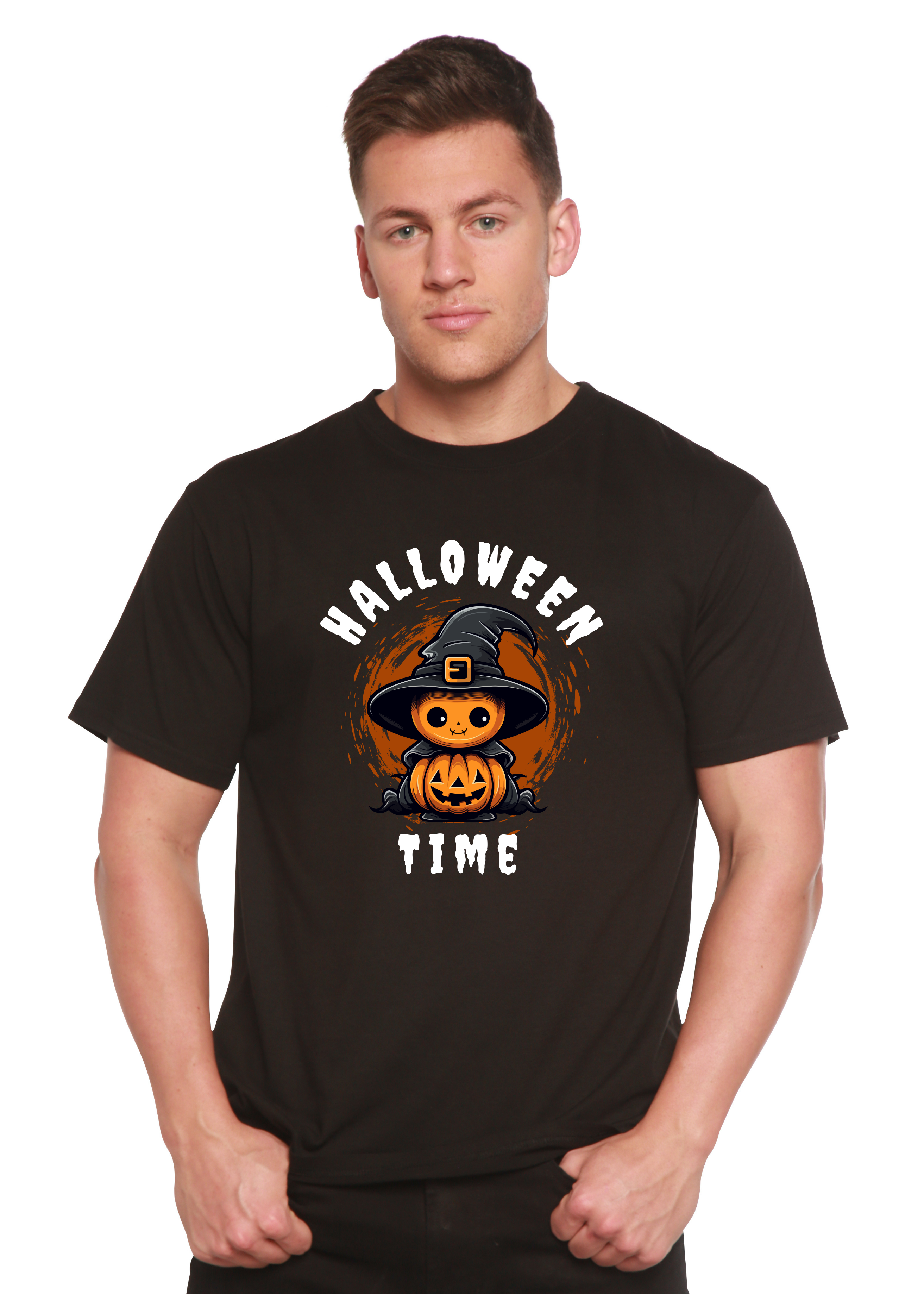 Spun Bamboo Halloween Time Unisex Bamboo Viscose/Organic Cotton Short Sleeve Graphic T-Shirt — product on model
