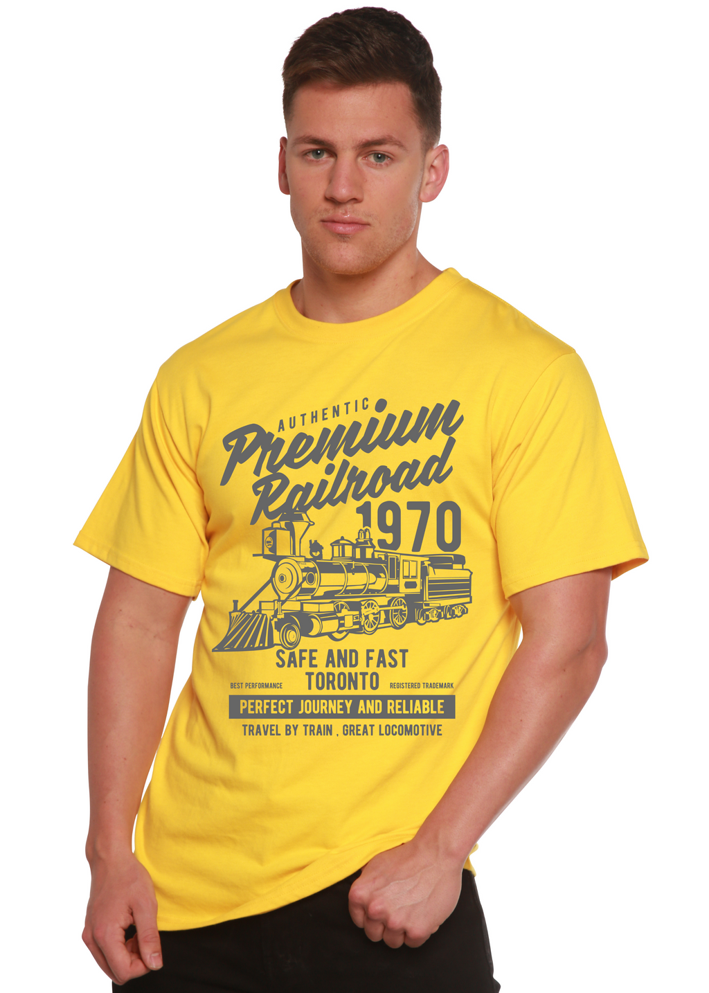 Spun Bamboo Premium Railroad Spun Bamboo® Men's Bamboo Viscose/Organic Cotton Short Sleeve Graphic T-Shirt — in-use photo