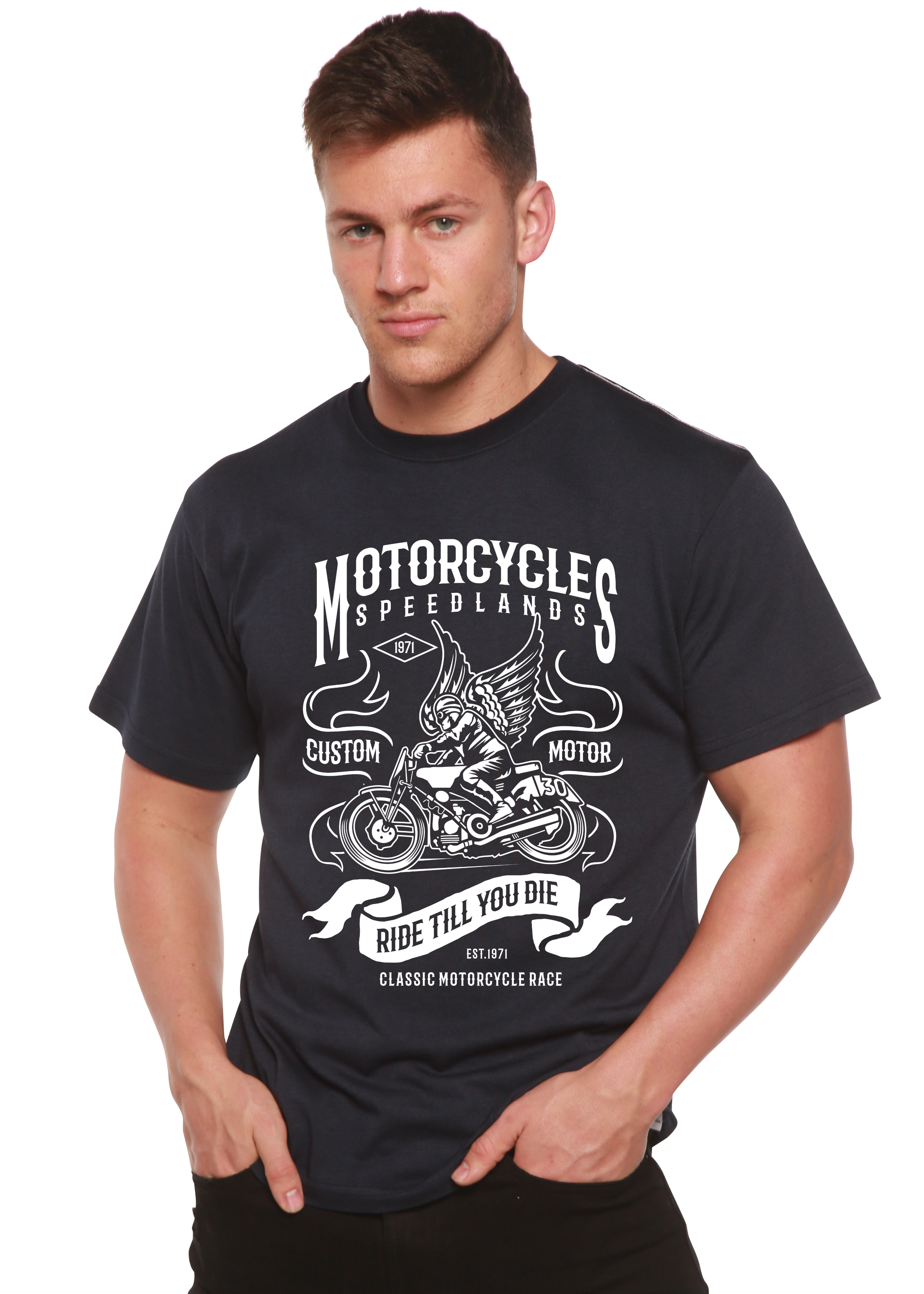 Spun Bamboo Motorcycles Men's Bamboo Viscose/Organic Cotton Short Sleeve Graphic T-Shirt — detail close-up