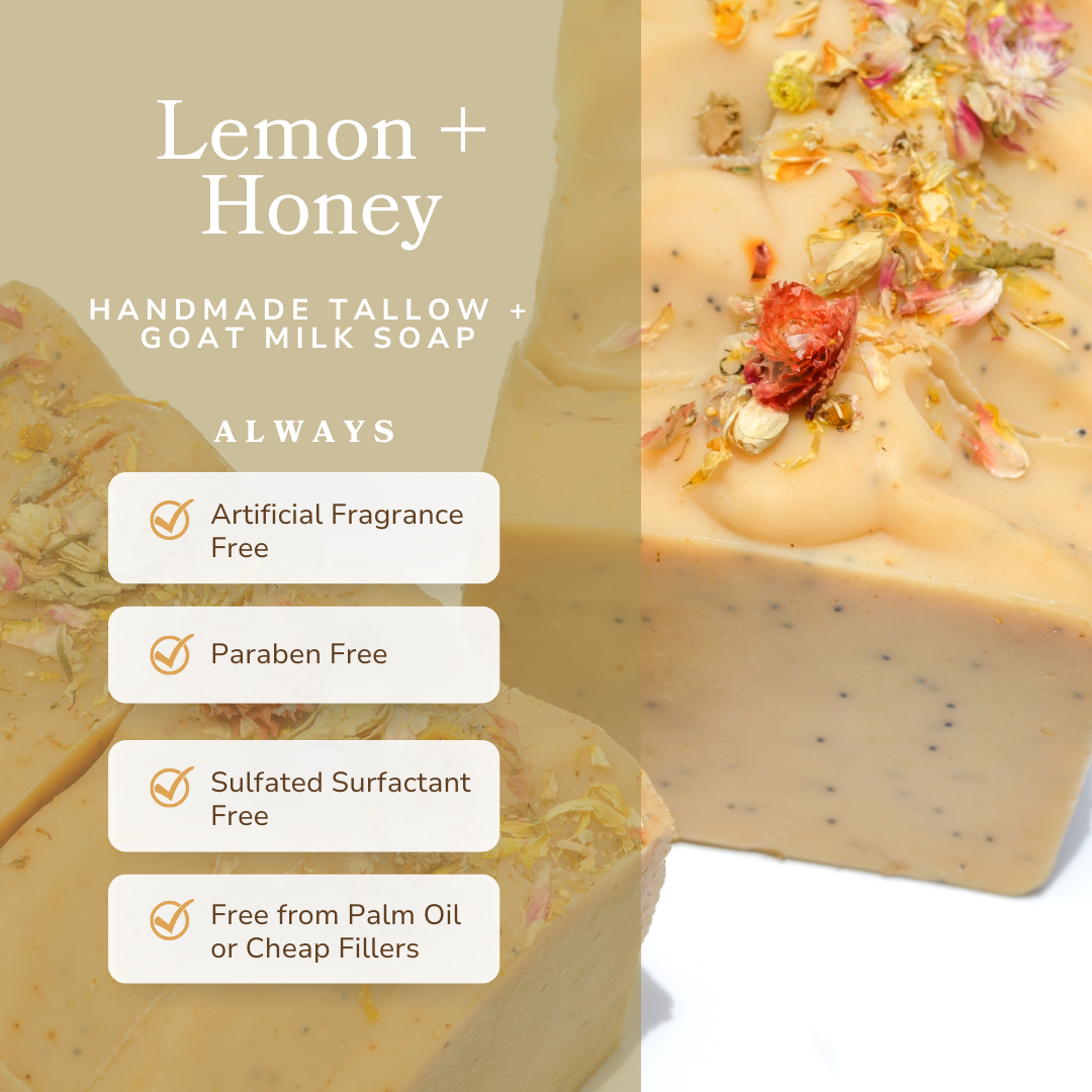 Pretty farm girl Lemon + Honey + Poppy Seed Handmade Tallow and Goat Milk Soap Bar — lifestyle context
