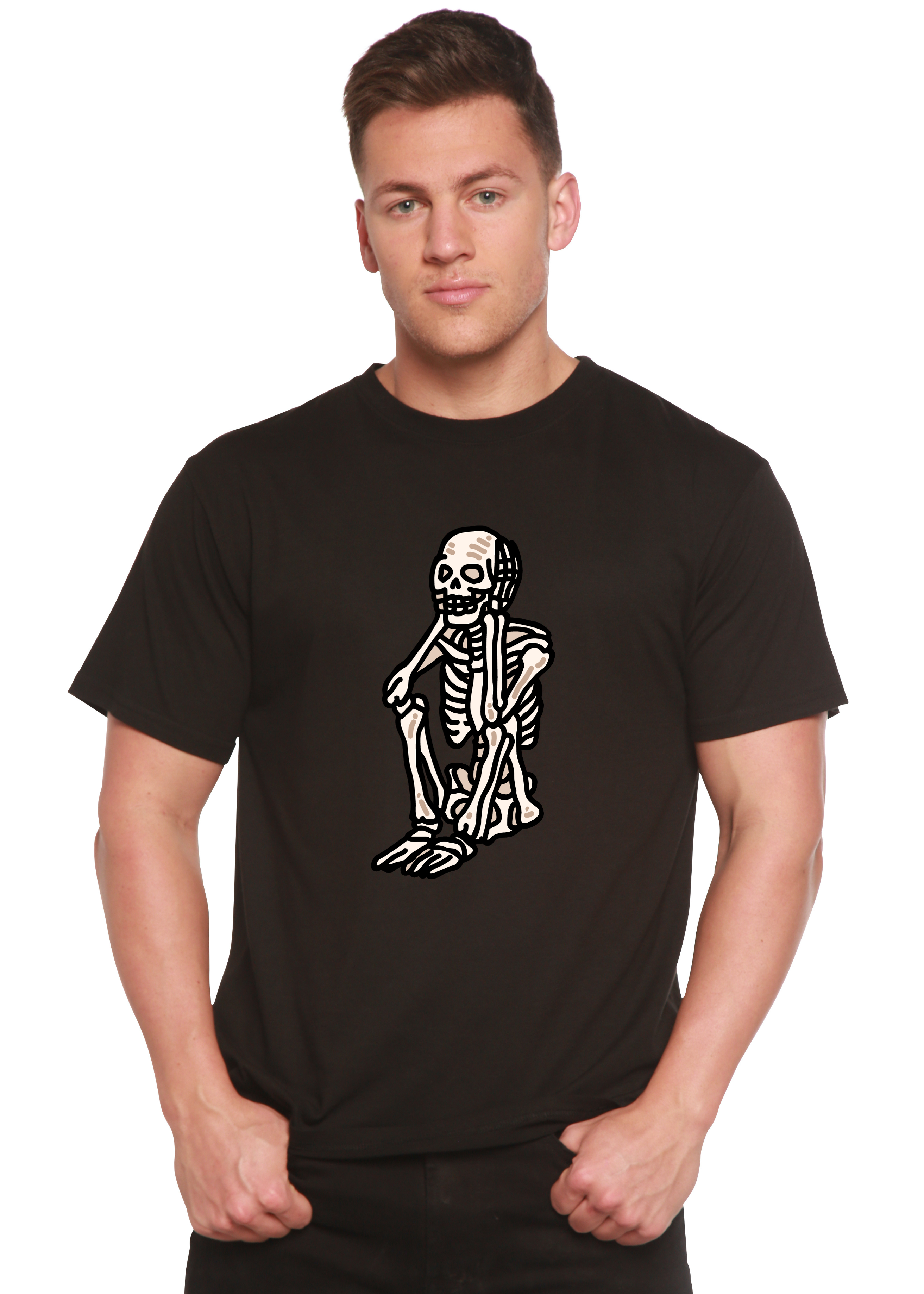Spun Bamboo Sad Skeleton Halloween Unisex Bamboo Viscose/Organic Cotton Short Sleeve Graphic T-Shirt — side view