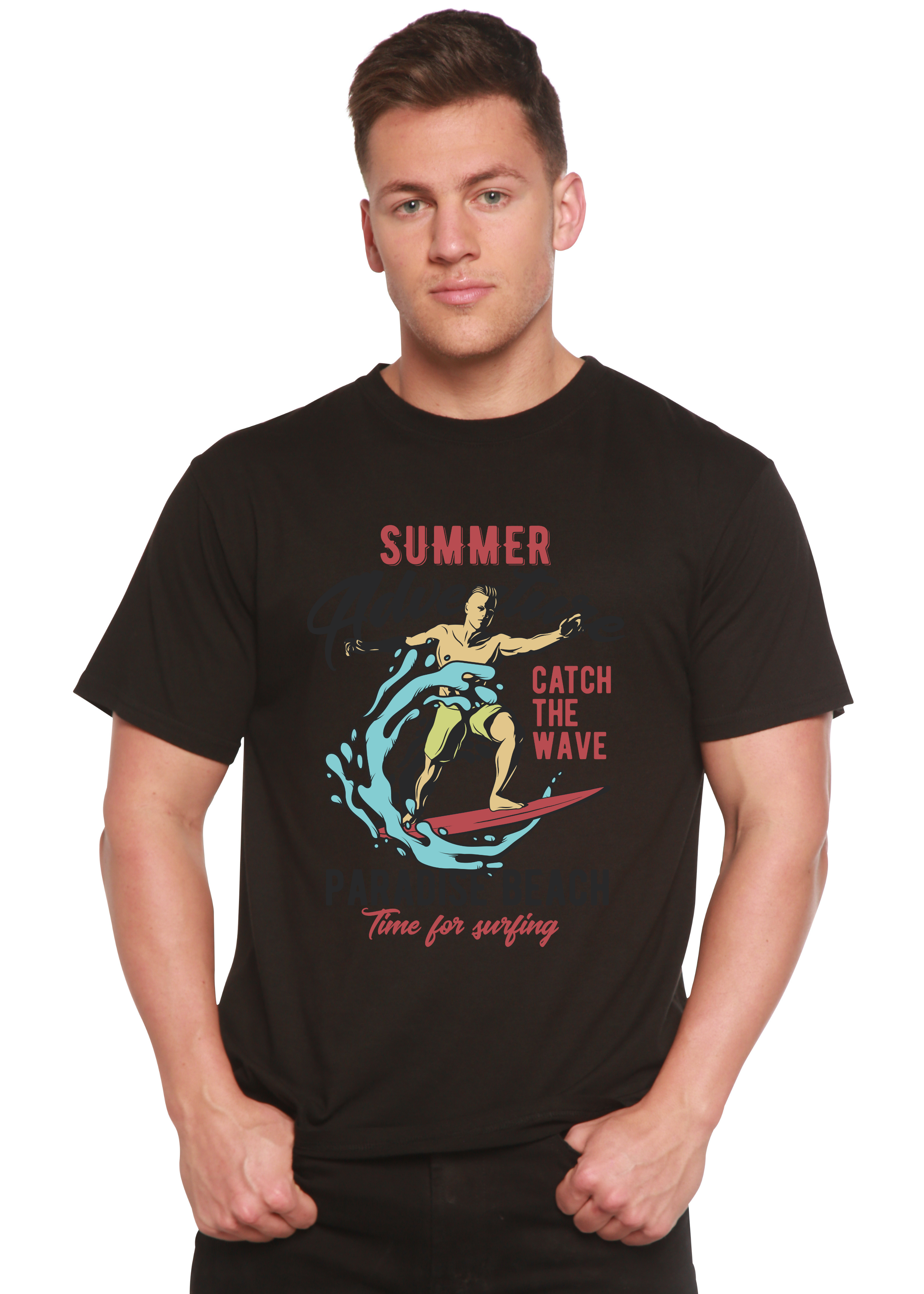 Spun Bamboo Catch The Wave Men's Bamboo Viscose/Organic Cotton Short Sleeve Graphic T-Shirt — size reference