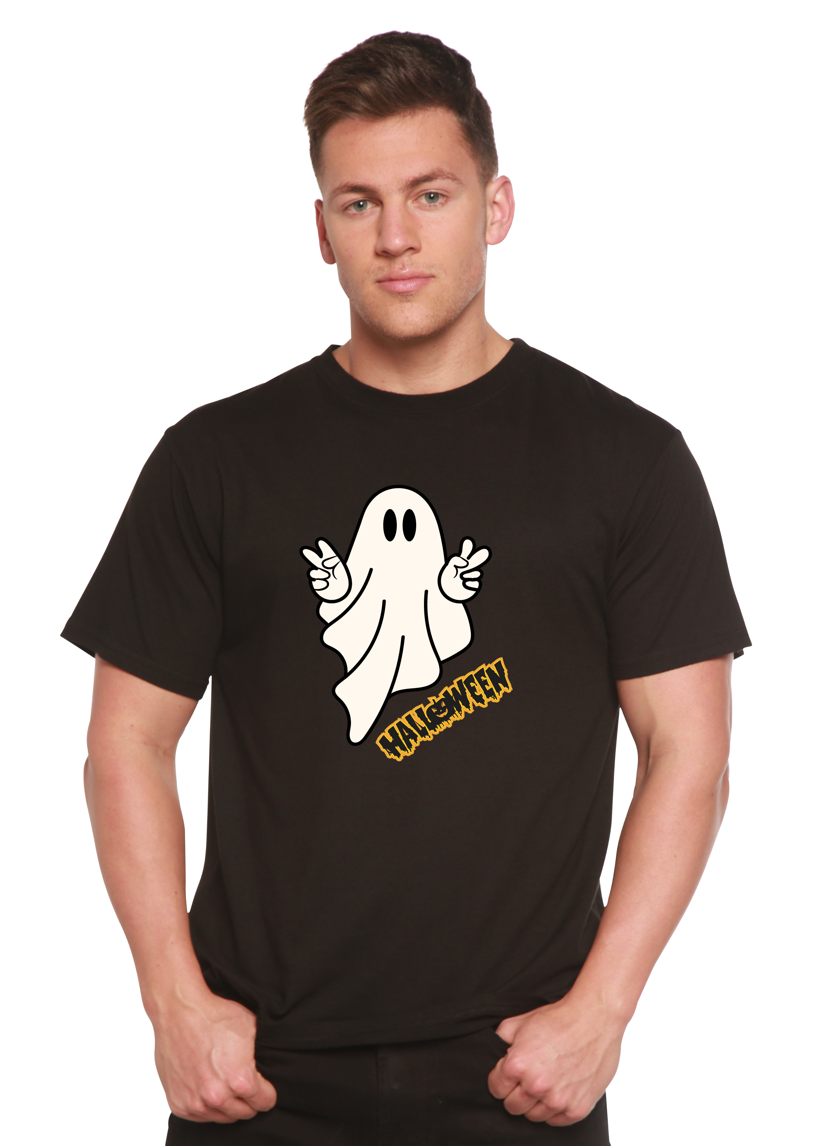 Spun Bamboo Halloween Ghost Unisex Bamboo Viscose/Organic Cotton Short Sleeve Graphic T-Shirt — fabric or material detail