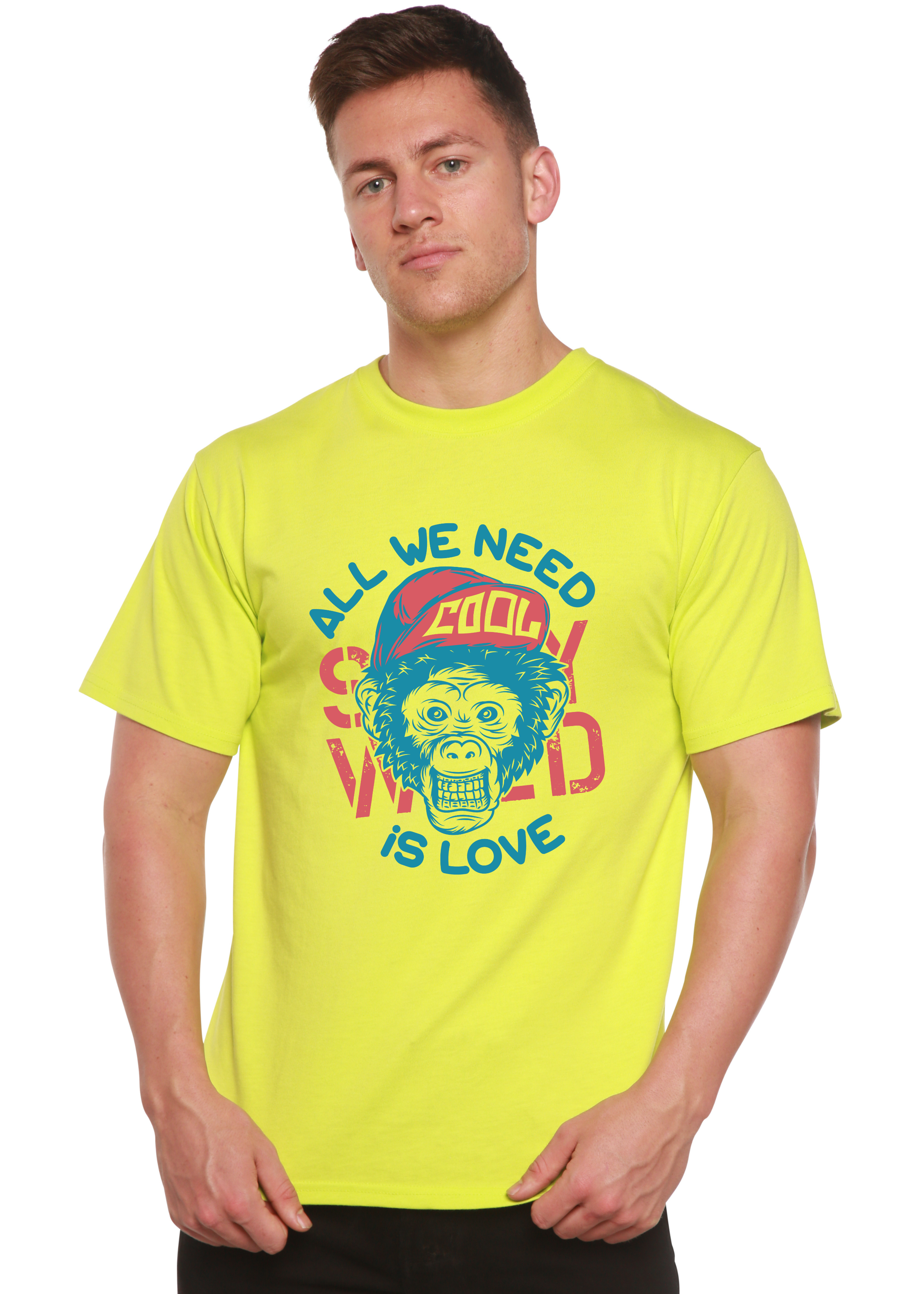 Spun Bamboo All We Need is Love Men's Bamboo Viscose/Organic Cotton Short Sleeve Graphic T-Shirt — detail close-up