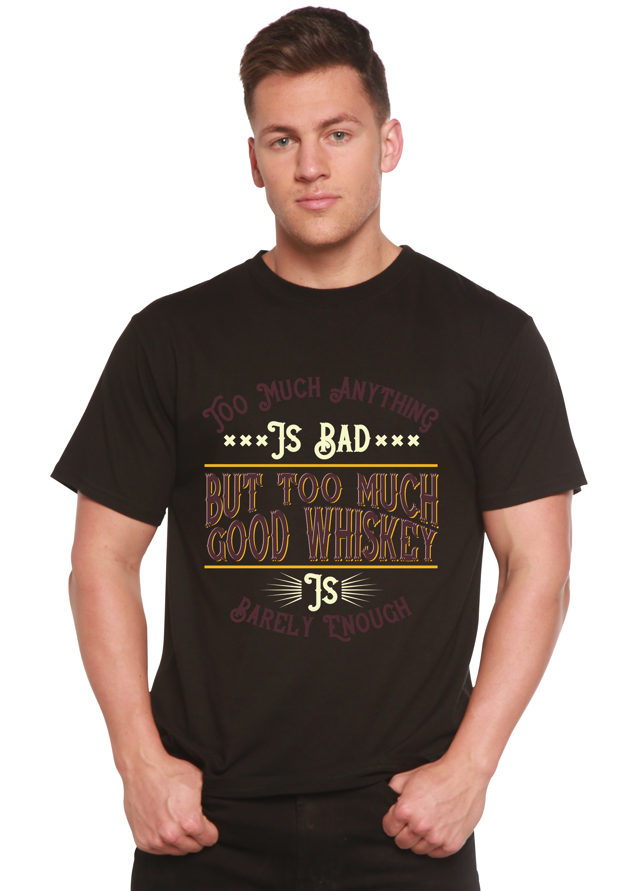 Spun Bamboo But Too Much Good Whiskey Men's Bamboo Viscose/Organic Cotton Short Sleeve Graphic T-Shirt — detail close-up