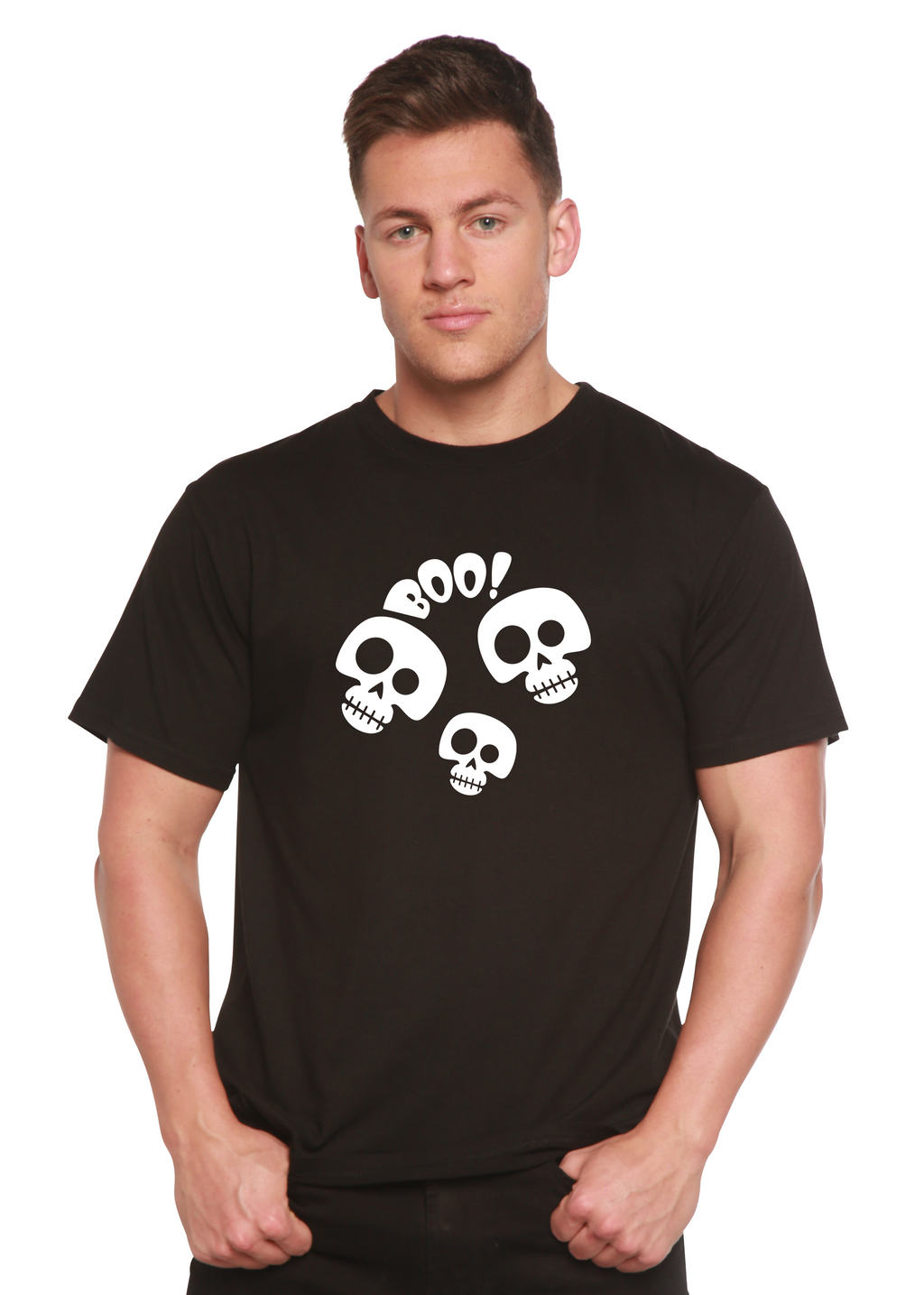 Spun Bamboo Halloween Boo Unisex Bamboo Viscose/Organic Cotton Short Sleeve Graphic T-Shirt — detail close-up