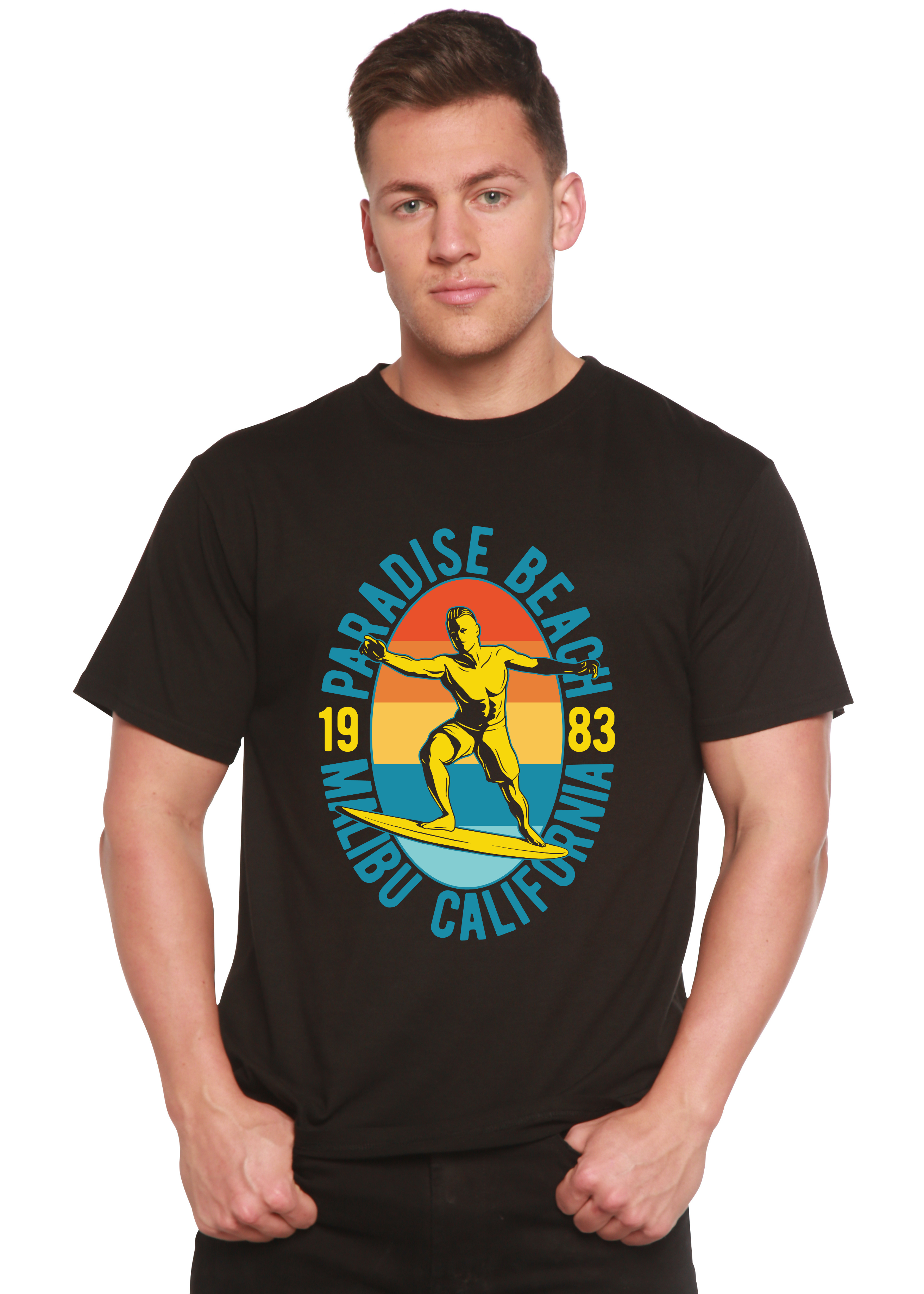 Spun Bamboo Paradise Beach 1983 Men's Bamboo Viscose/Organic Cotton Short Sleeve Graphic T-Shirt — detail close-up