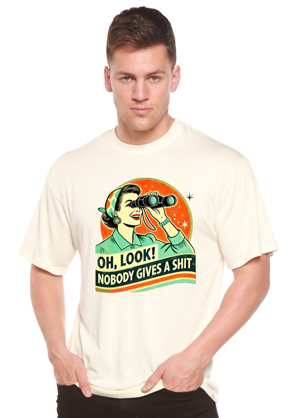 Spun Bamboo Funny Retro Woman Unisex Bamboo/Cotton Graphic T-Shirt — back view