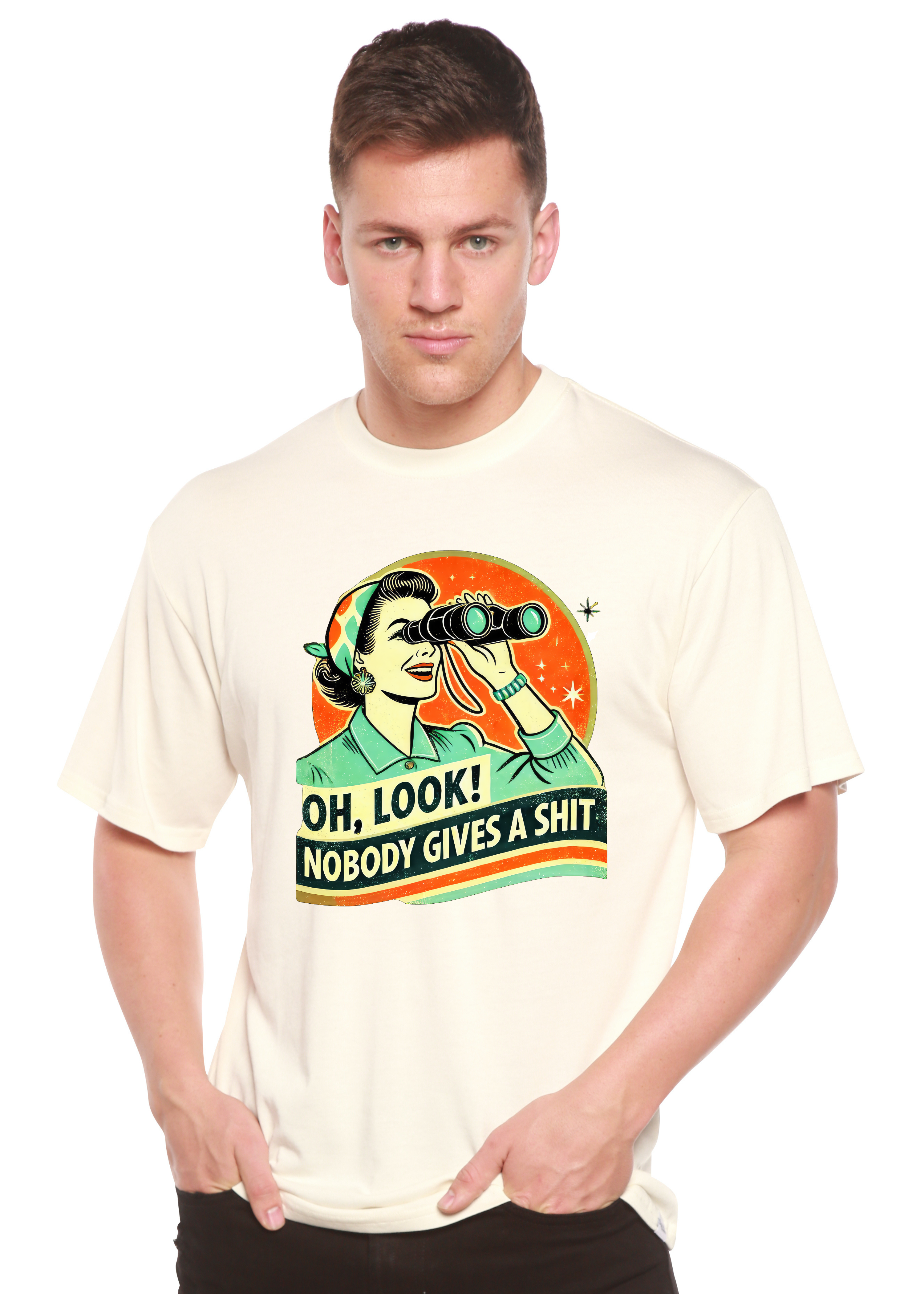 Spun Bamboo Funny Retro Woman Unisex Bamboo/Cotton Graphic T-Shirt — back view