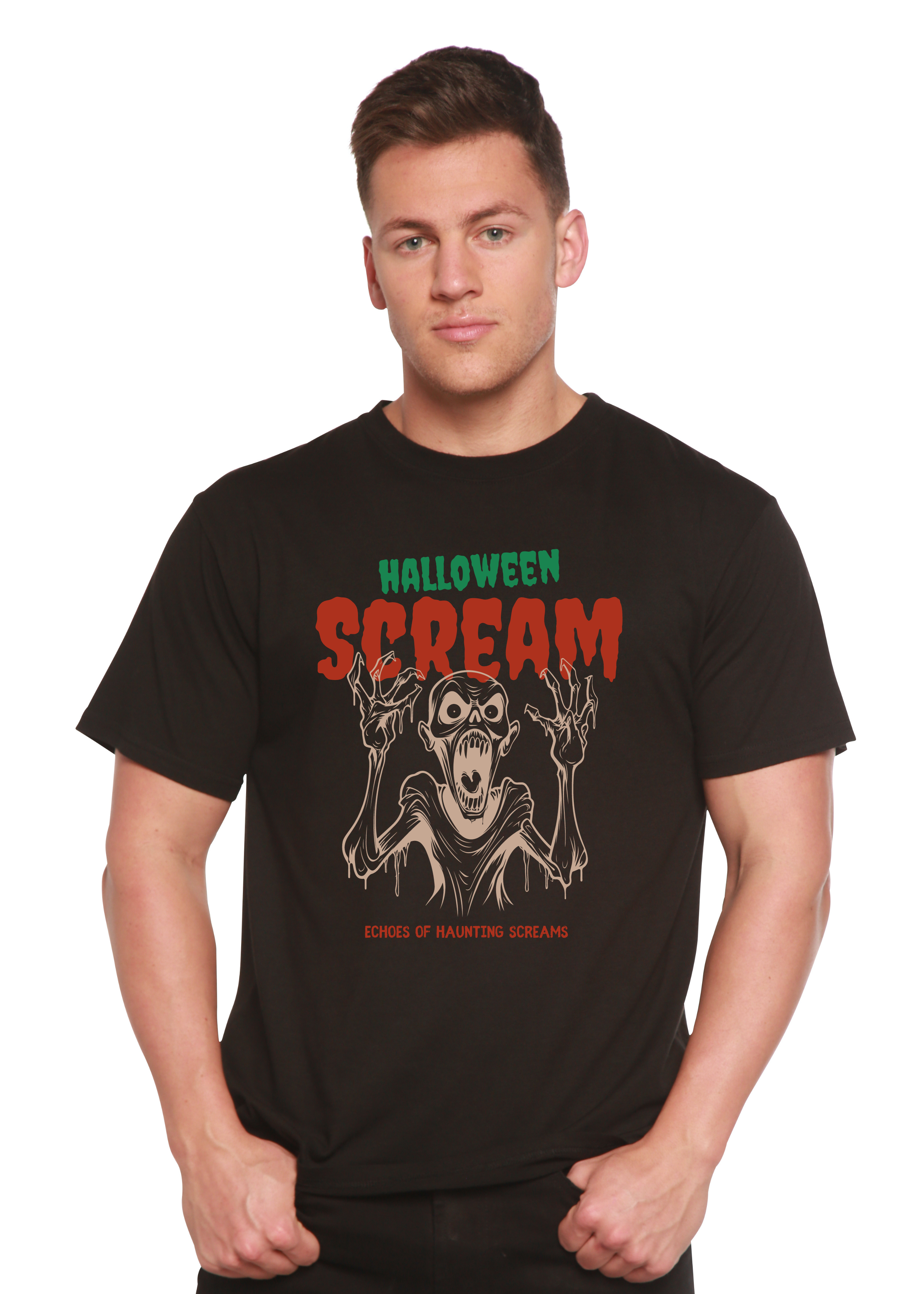 Spun Bamboo Halloween Scream Men's Bamboo Viscose/Organic Cotton Short Sleeve Graphic T-Shirt — size reference
