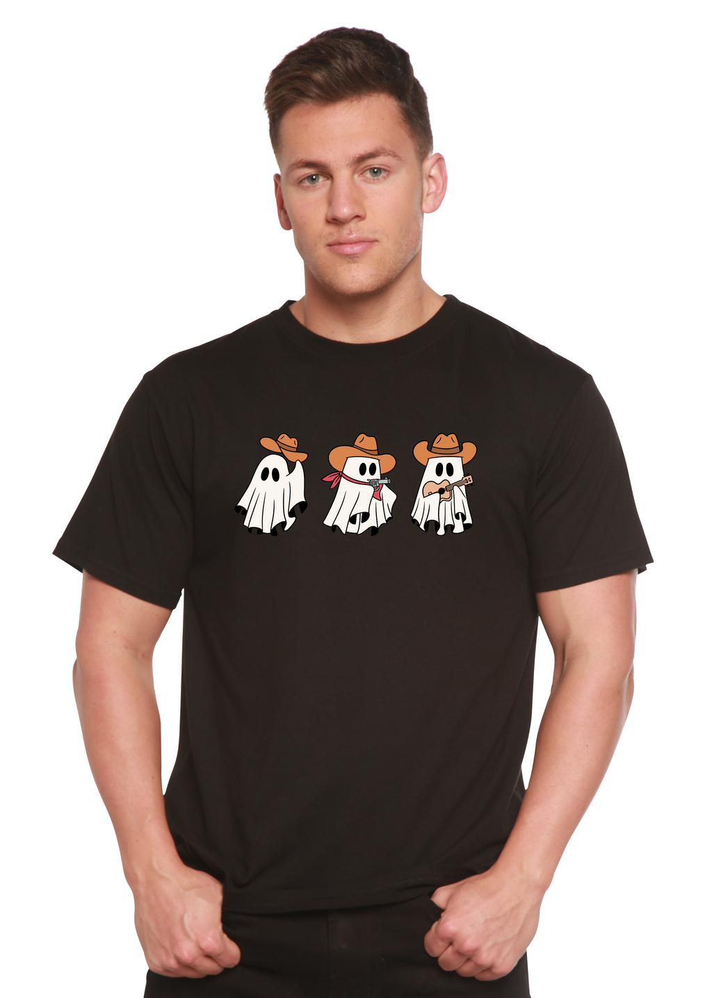 Spun Bamboo Cowboy Ghosts Unisex Bamboo Viscose/Organic Cotton Short Sleeve Graphic T-Shirt — product on model
