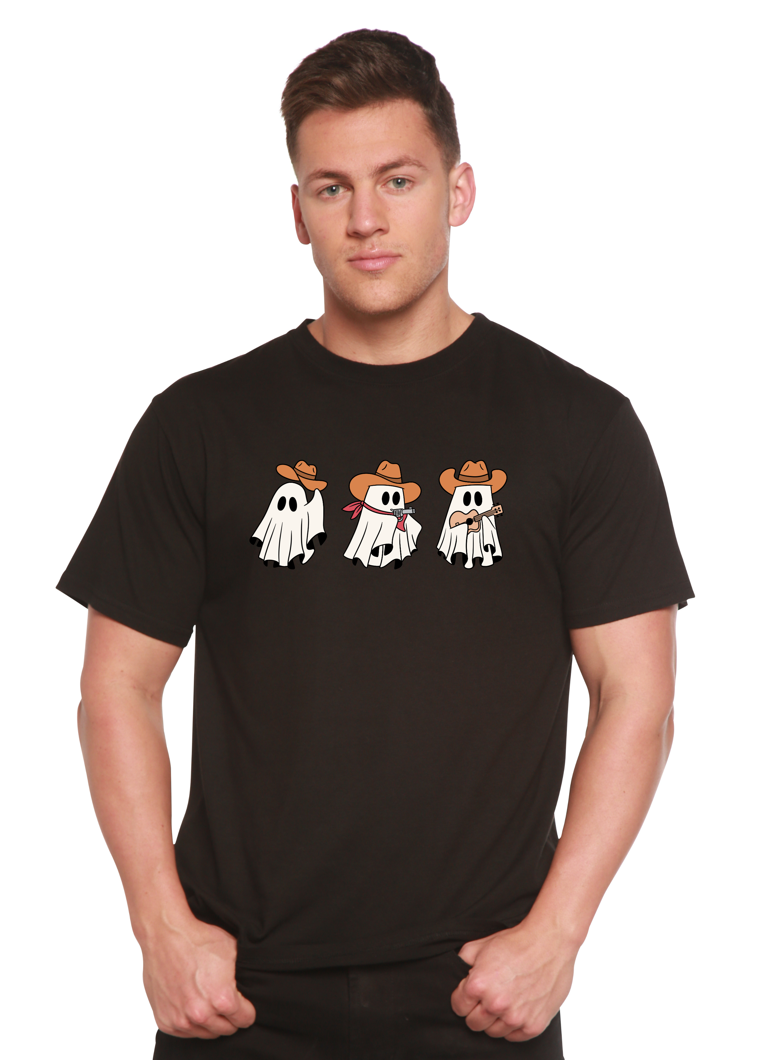 Spun Bamboo Cowboy Ghosts Unisex Bamboo Viscose/Organic Cotton Short Sleeve Graphic T-Shirt — product on model