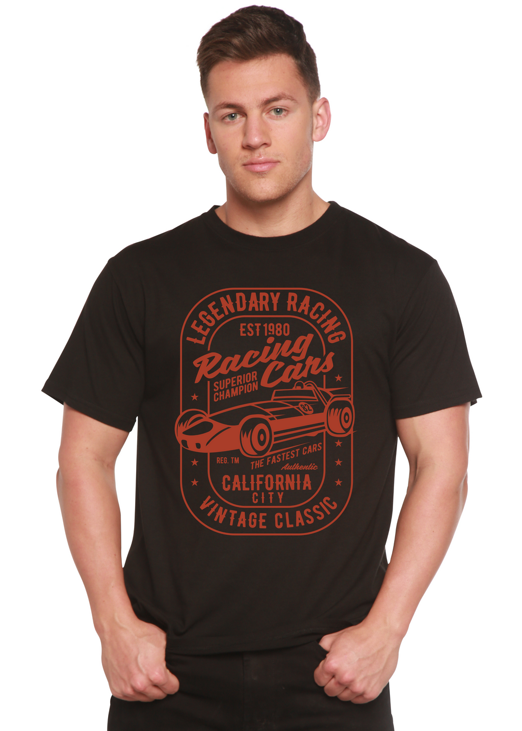 Spun Bamboo Legendary Racing Cars Men's Bamboo Viscose/Organic Cotton Short Sleeve Graphic T-Shirt — in-use photo